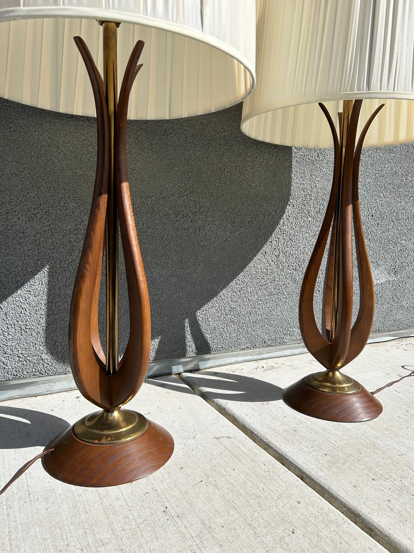 Mid-Century Modern Sculpted Walnut Table Lamps with Brass Accents - 2 Available