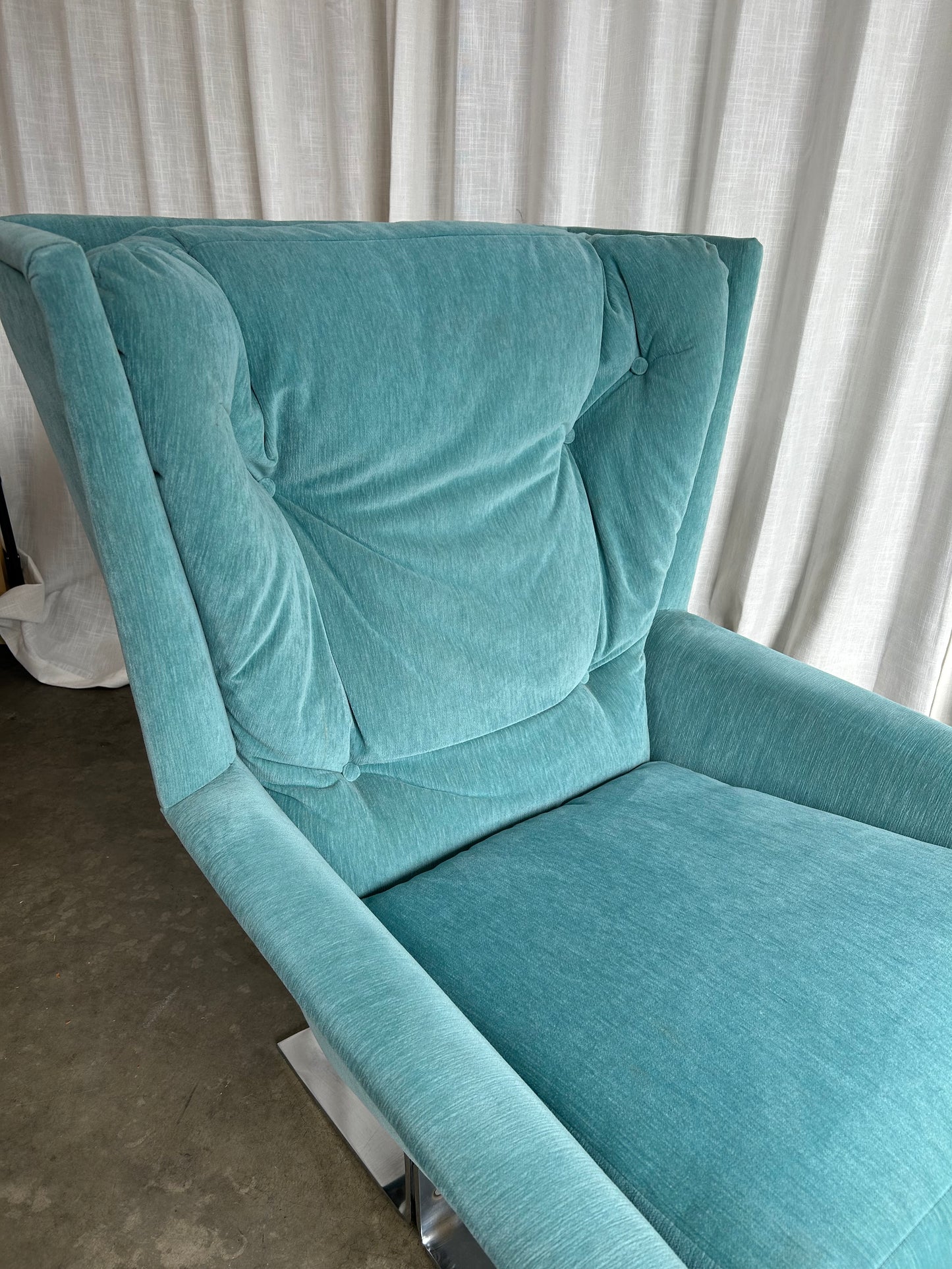 MCM Blue Velvet Wingback Lounge Chair with Ottoman in the Style of Adrian Pearsall, Circa 1960s