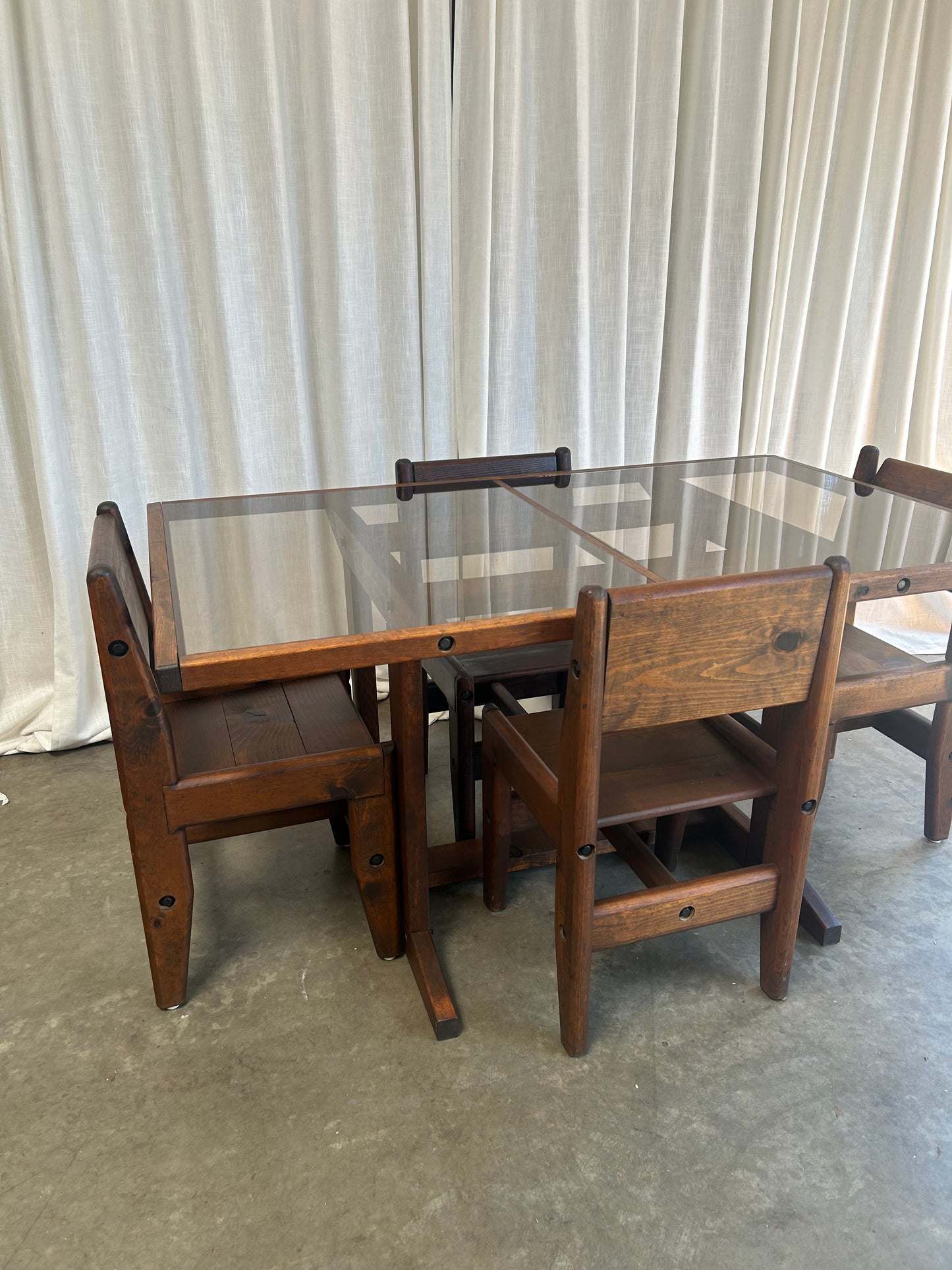 Vintage Oak and Bronze Glass Trestle Table and Chairs Dining Set, Circa 1970s