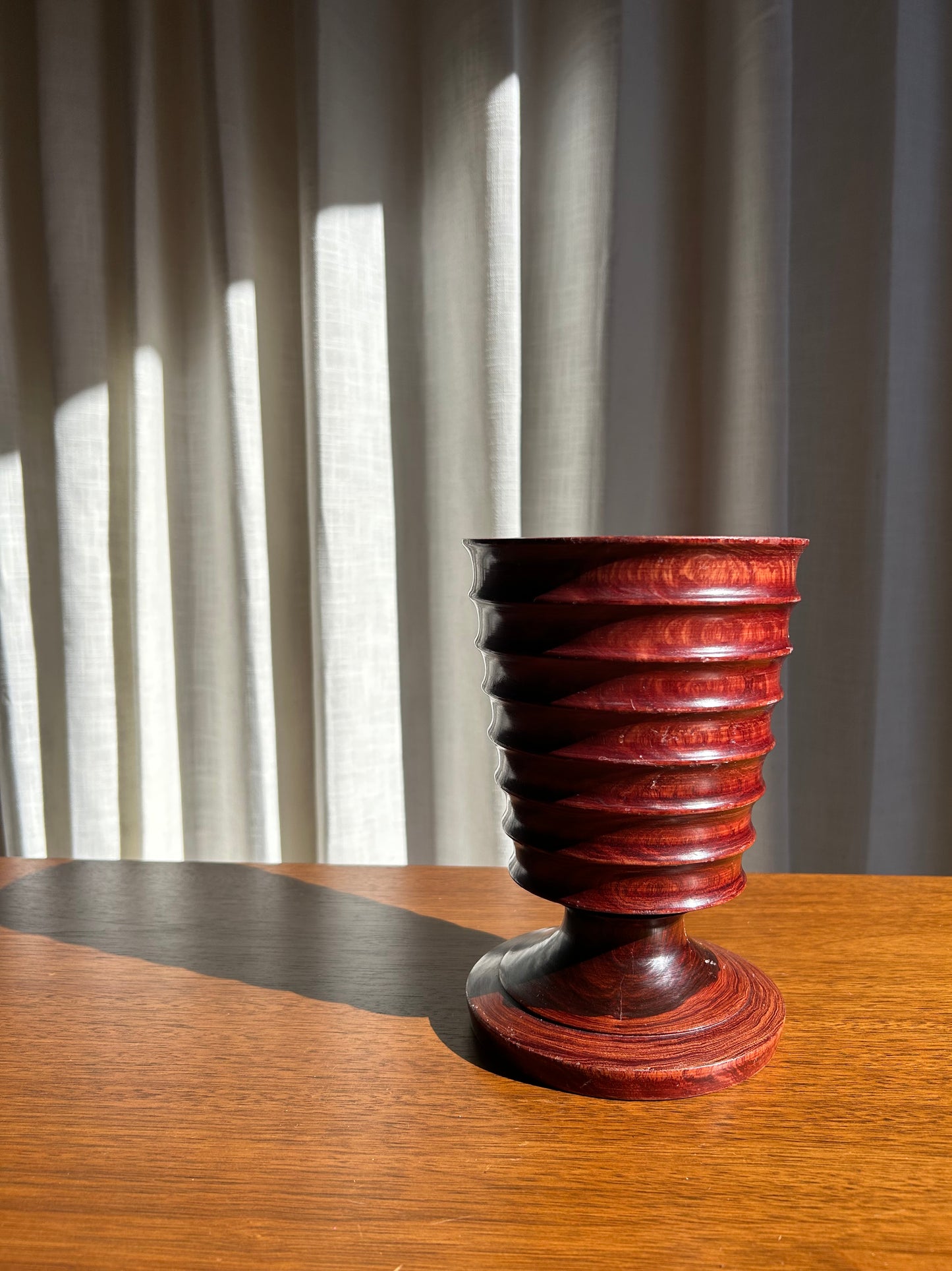 Vintage Turned Wood Redwood Ribbed Vase