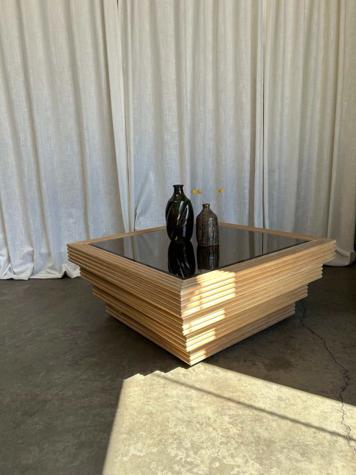 Postmodern Reeded Wood Coffee Table with Mirrored Top, Circa 1980s
