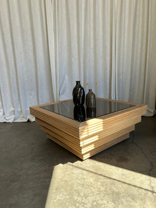 Postmodern Reeded Wood Coffee Table with Mirrored Top, Circa 1980s