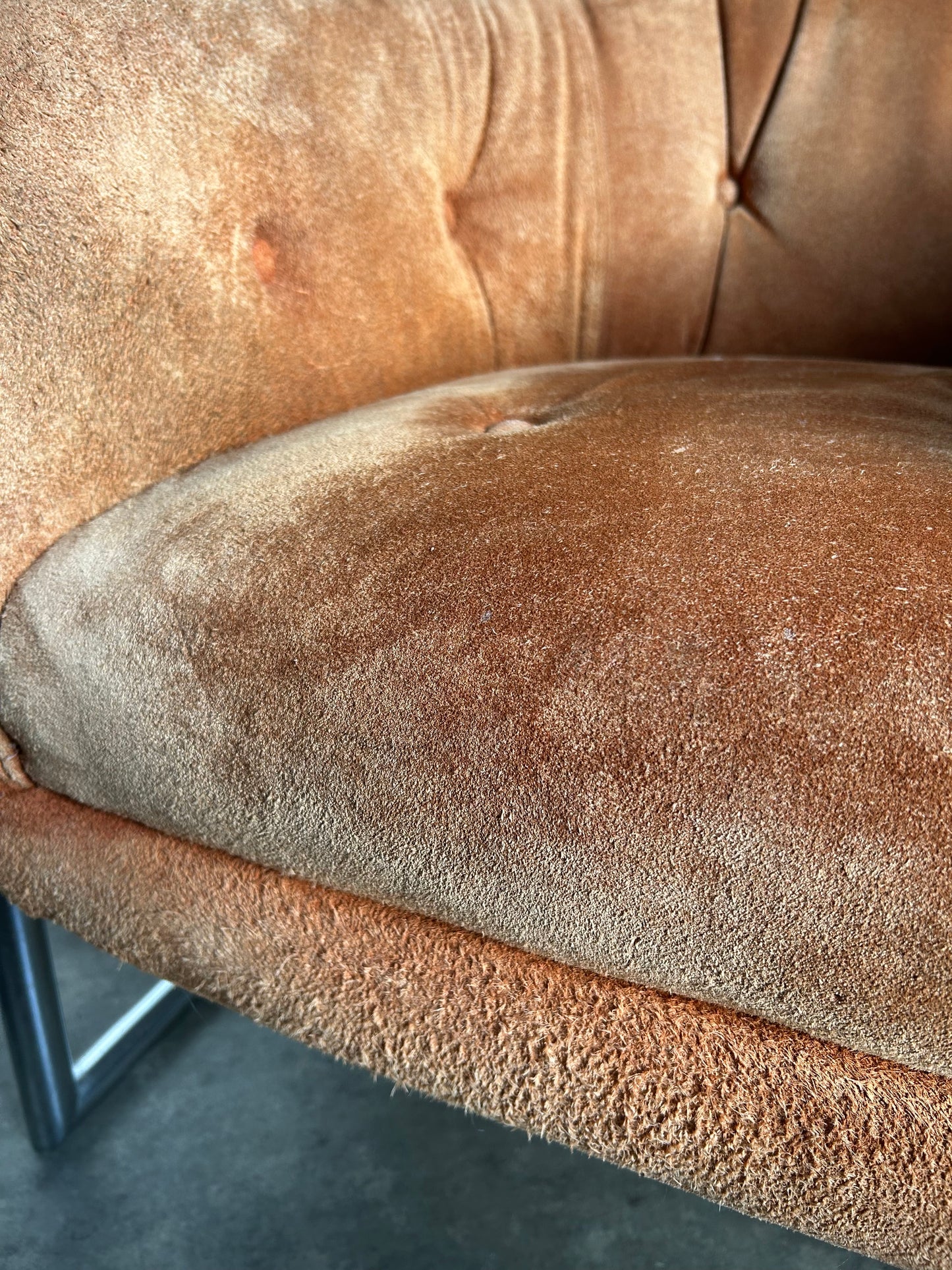 Pair of Suede and Chrome Tufted MCM Club Chairs, Circa 1970s