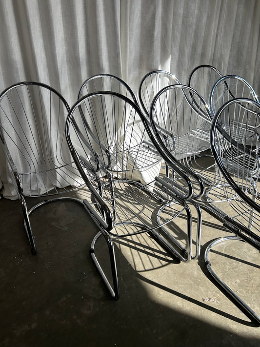 Set of 8 Chrome Cantilever Dining Chairs in the Style of Gastone Rinaldi for Roma, Circa 1970s, Italy