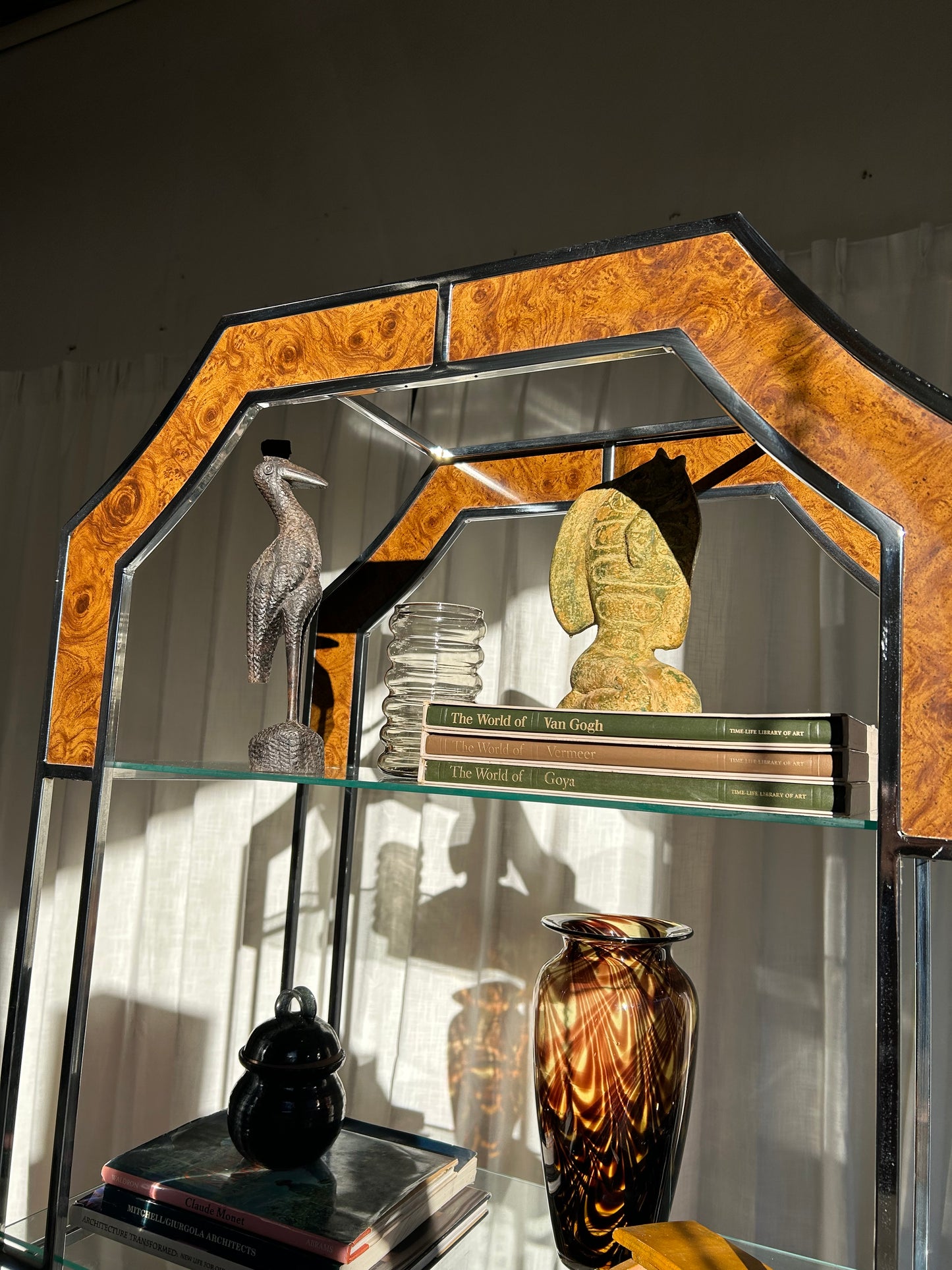 Modernist Era Baughman Style Chrome and Burl 4-Shelf Etagere, Circa 1970s