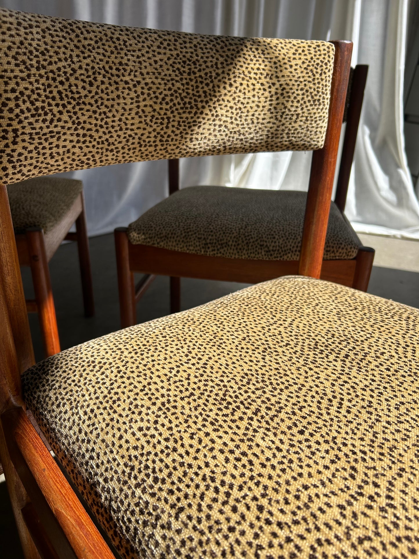 Vintage Danish Style Teak Dining Chairs with New Chenille Upholstery, Set of 4