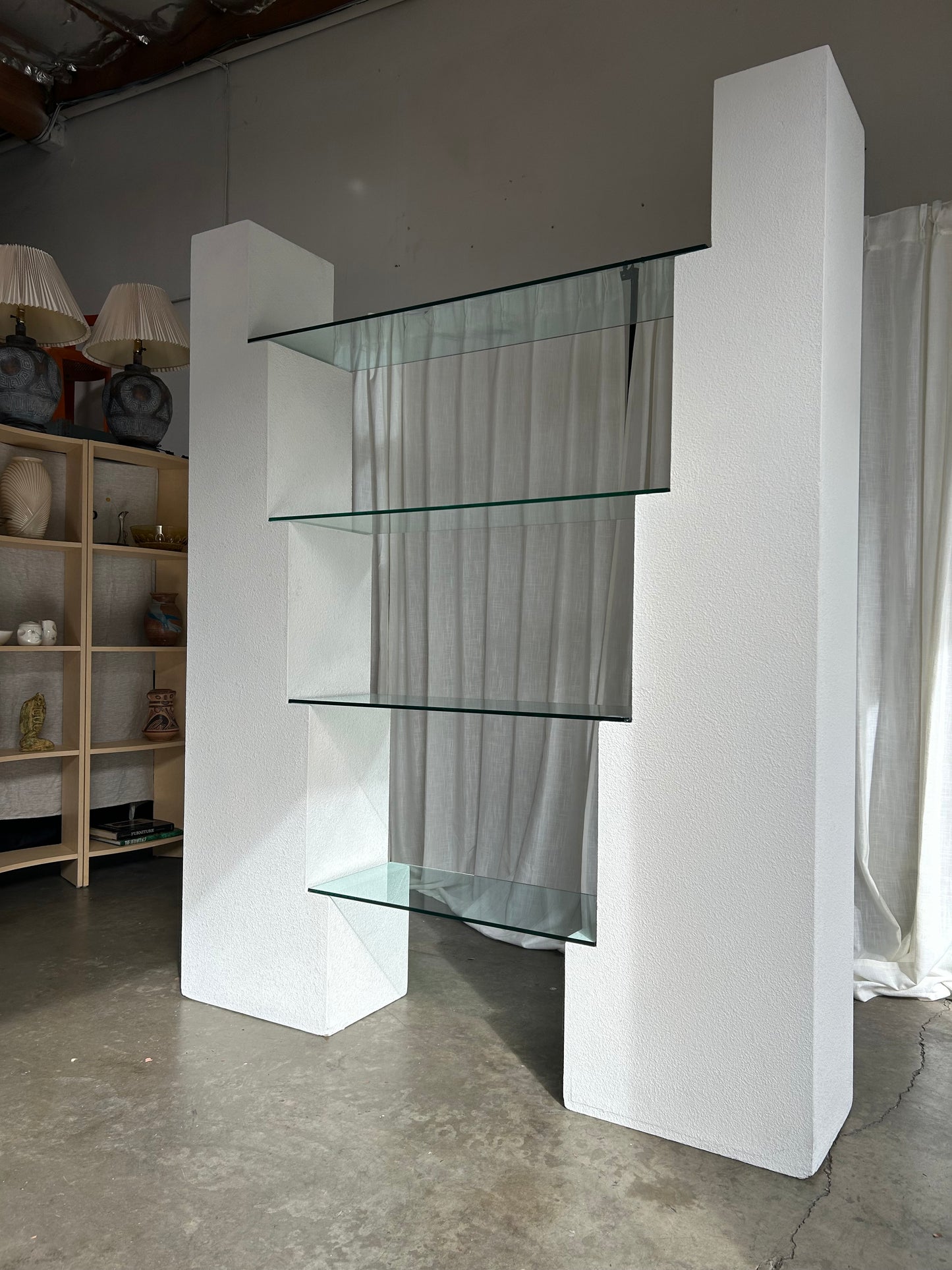 Postmodern Plaster and Glass Stair Shelf Unit, Circa 1980s