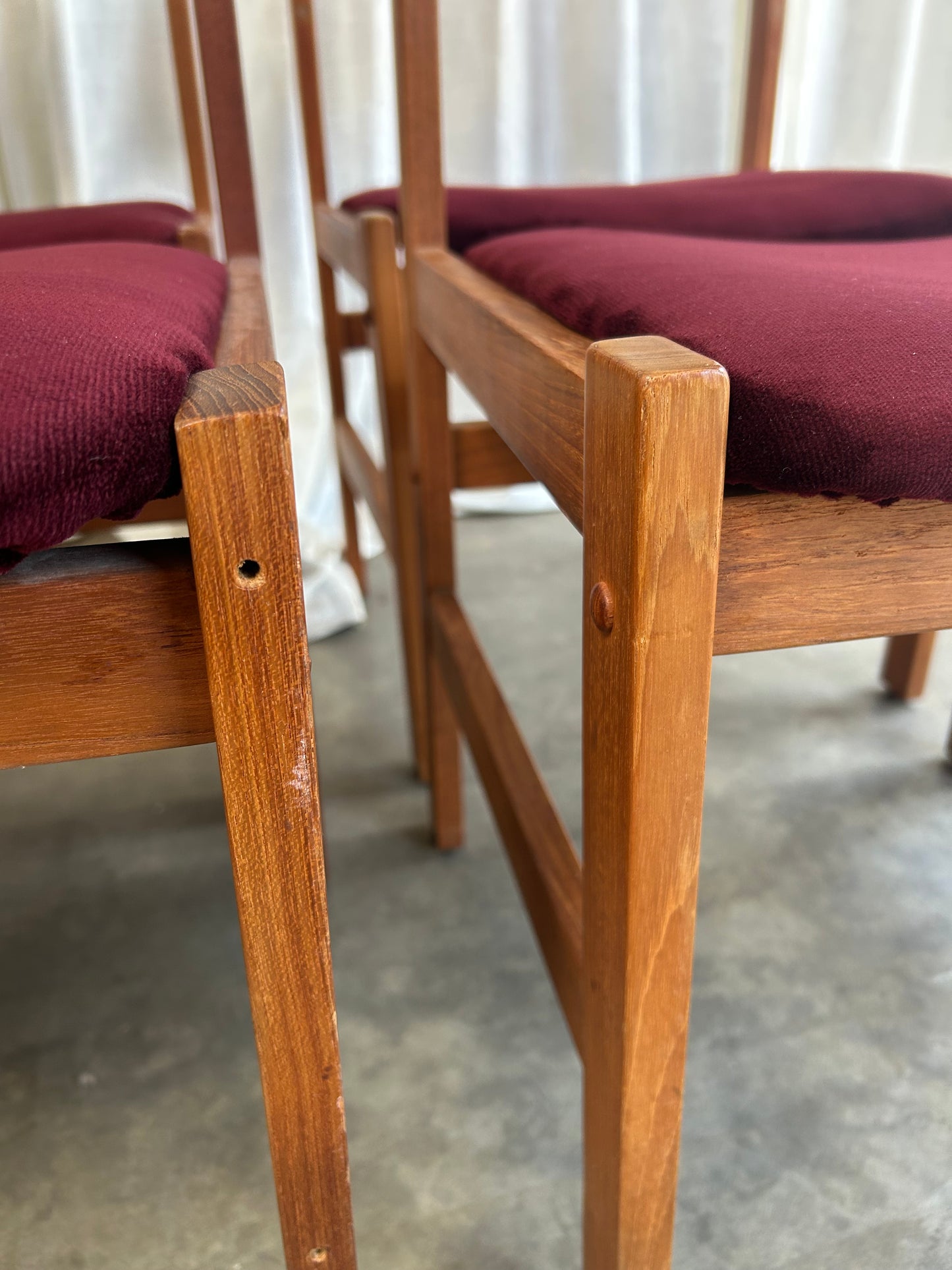 Set of 6 Oxblood Velvet Danish Style Teak Dining Chairs, By Sun Furniture
