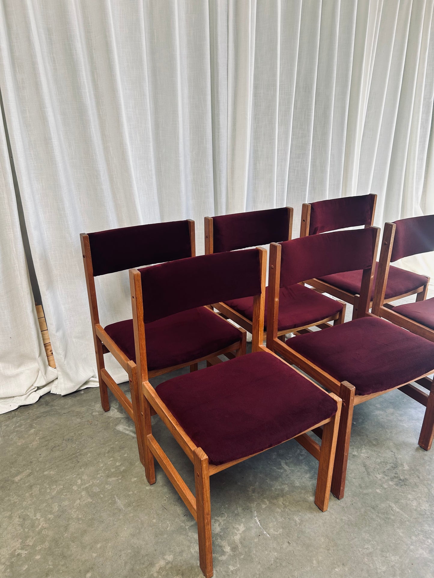 Set of 6 Oxblood Velvet Danish Style Teak Dining Chairs, By Sun Furniture