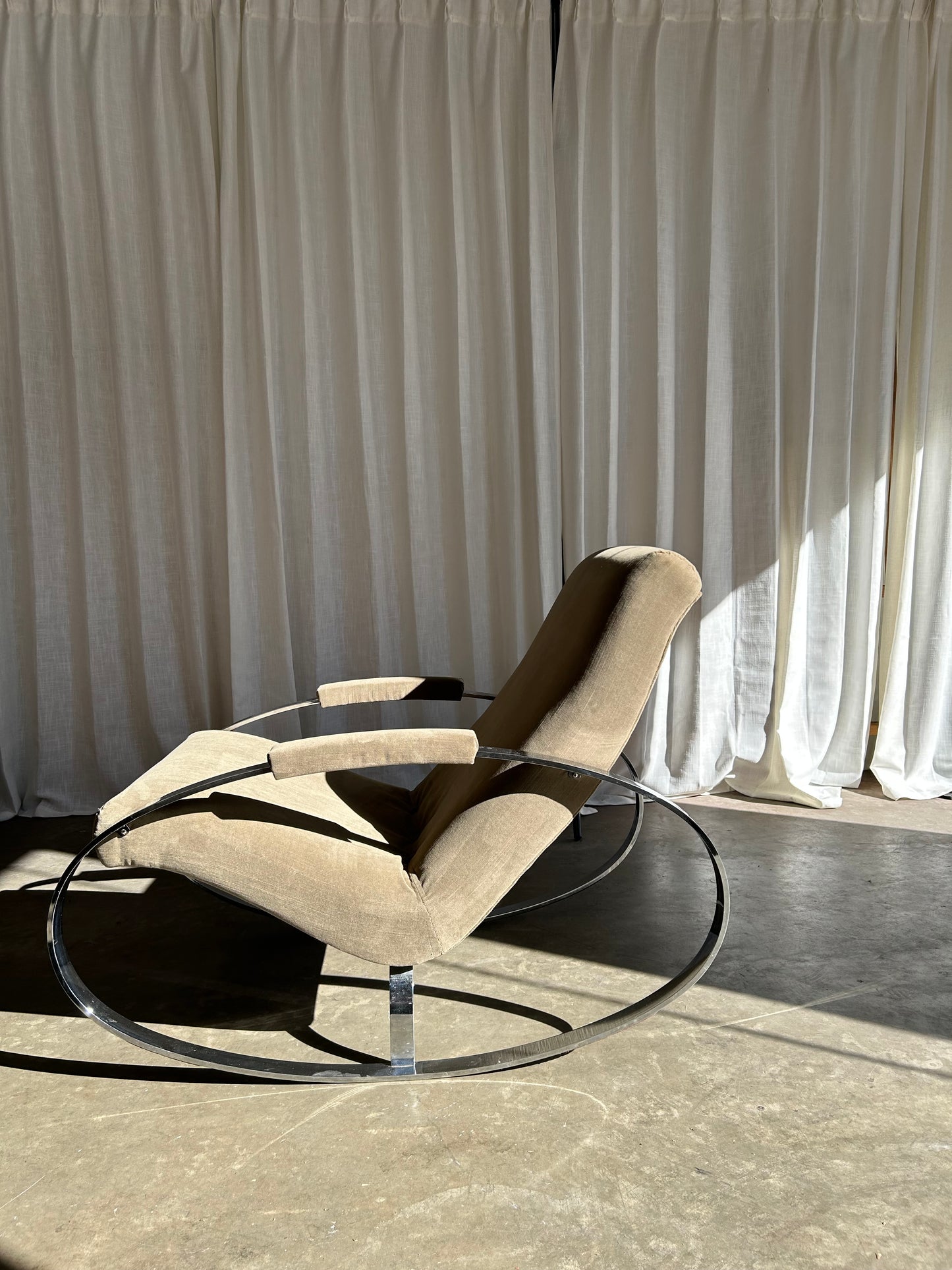 Mid Century Modern Guido Faleschini Chrome and Velvet Rocking Chair, Circa 1960s