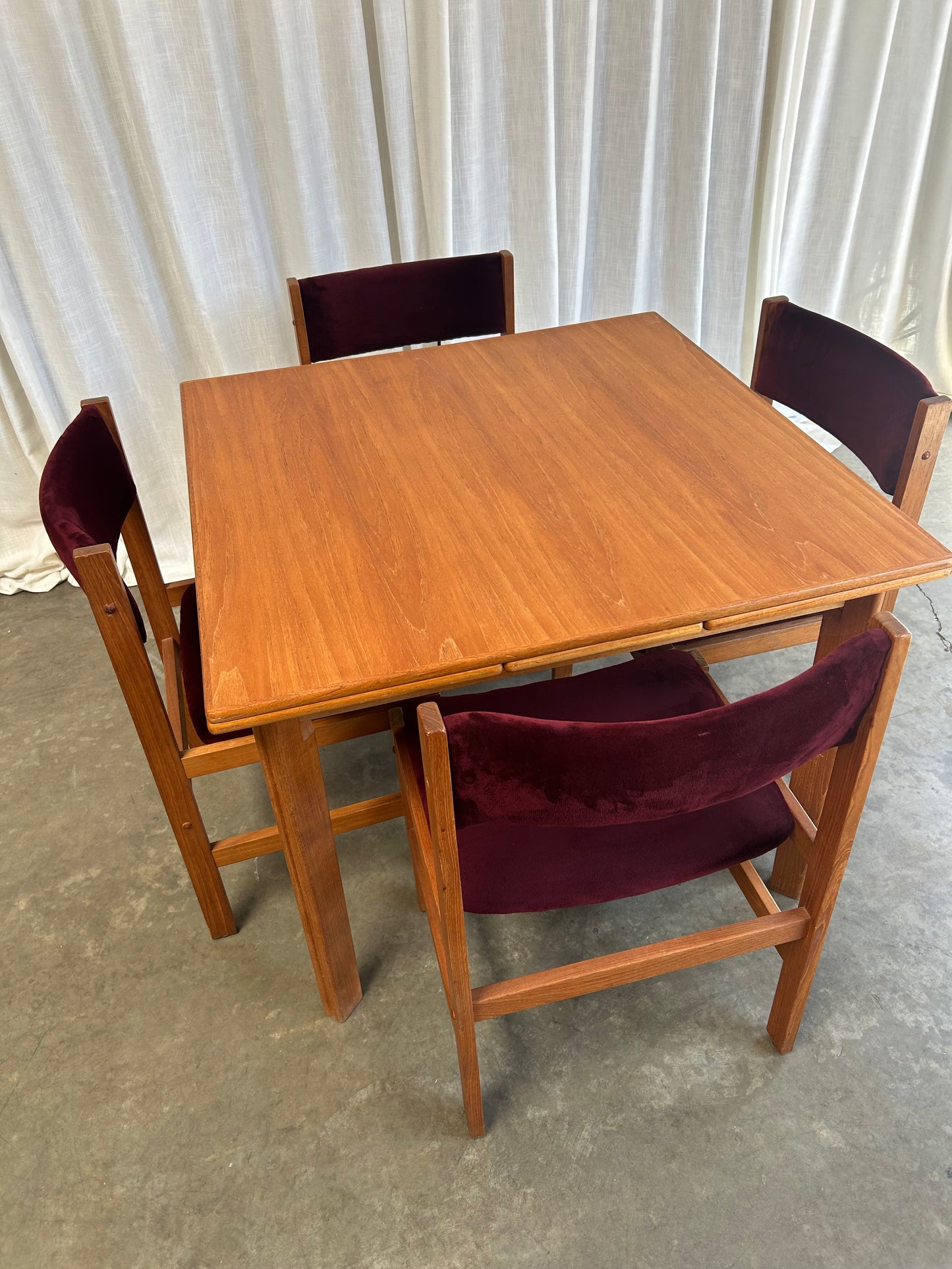 Danish Teak Expandable Square Dining Table w/ 2 draw leaves, Circa 1980s