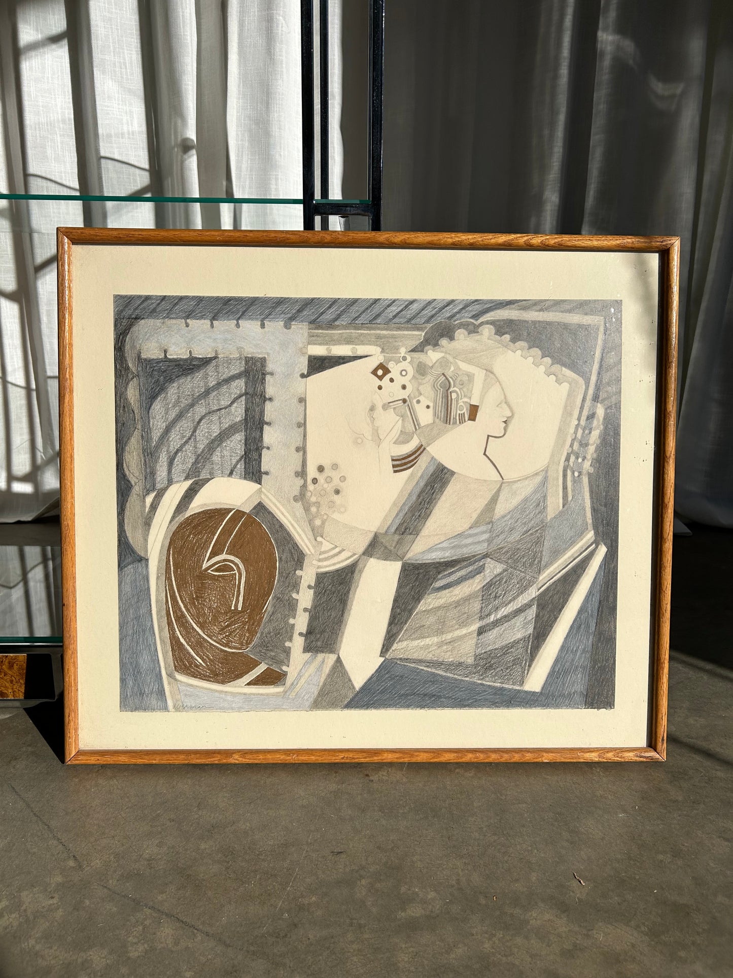 Vintage Cubist Abstract Drawing, Circa 1980s, Signed