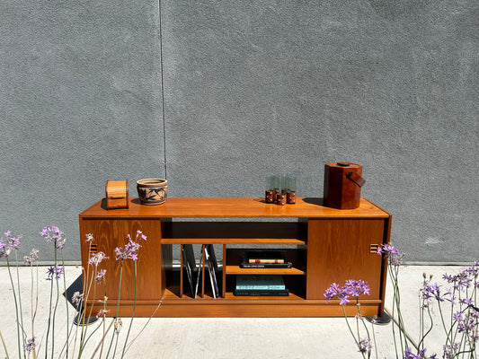 Mid Century Danish Sliding Door Teak Media Sideboard, by Feldballes Mobelfabrik of Denmark, Circa 1970s