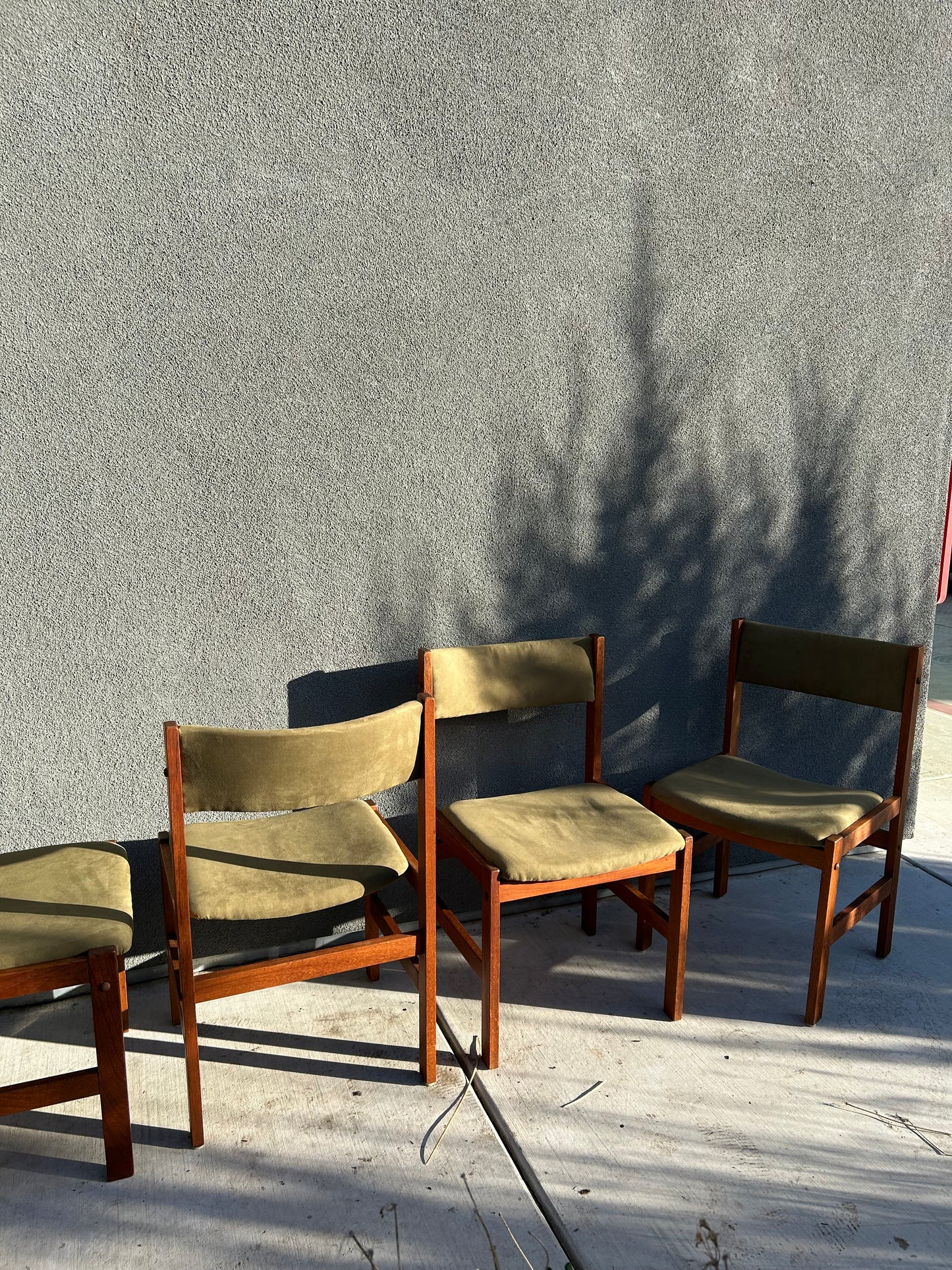 Danish Teak Green Faux Suede Dining Chairs, 7 Available