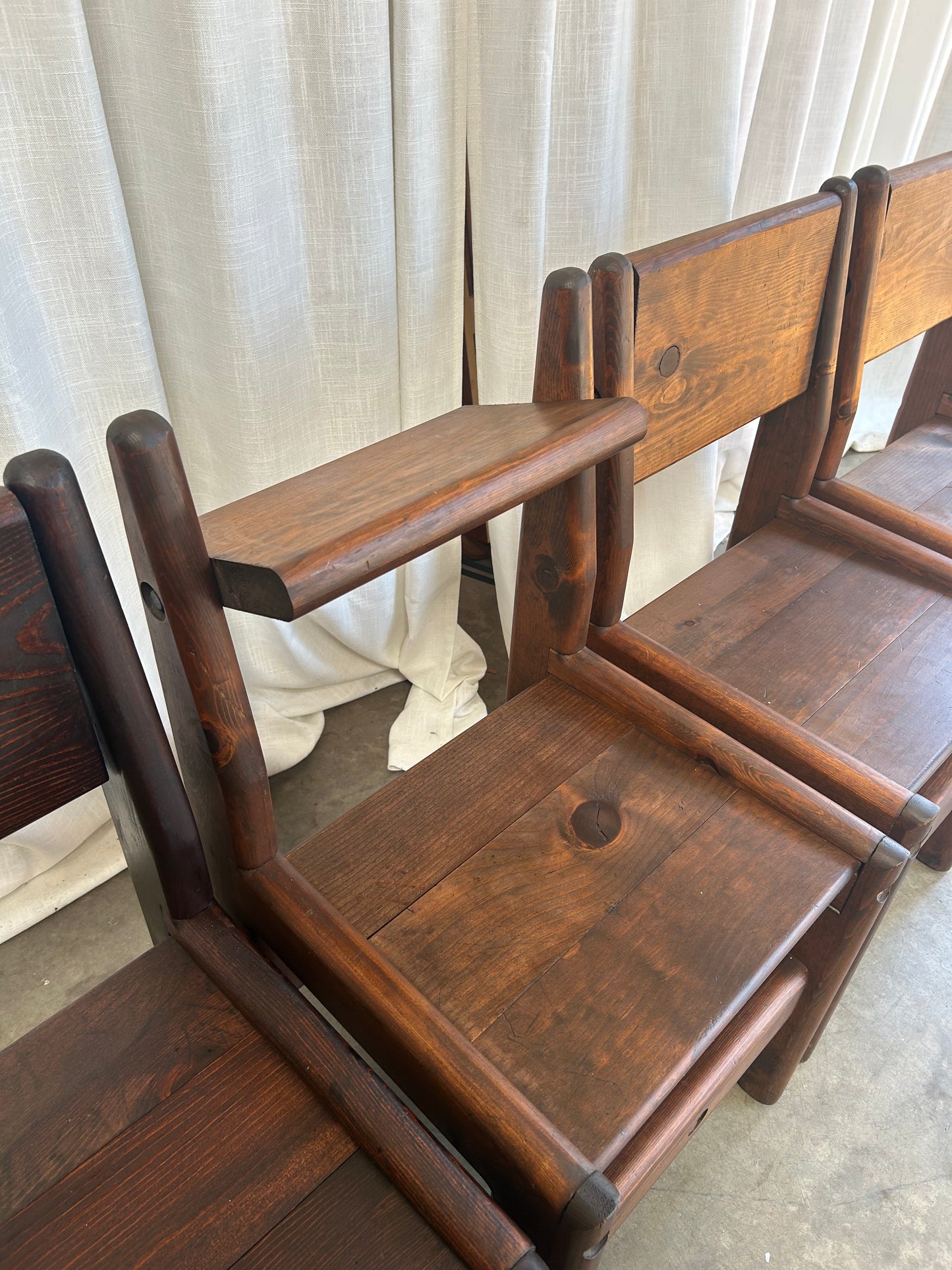 Vintage Oak and Bronze Glass Trestle Table and Chairs Dining Set, Circa 1970s