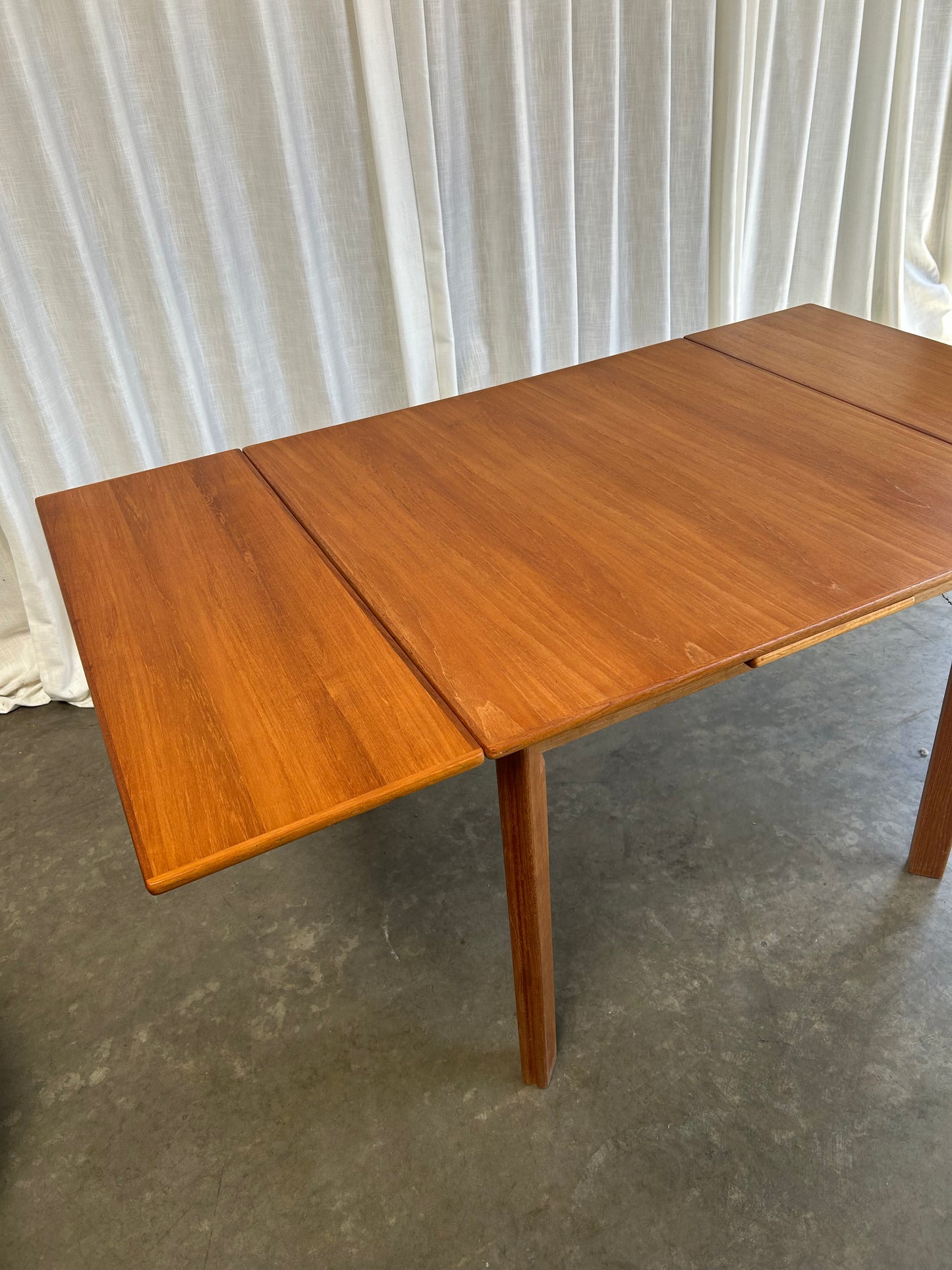 Danish Teak Expandable Square Dining Table w/ 2 draw leaves, Circa 1980s