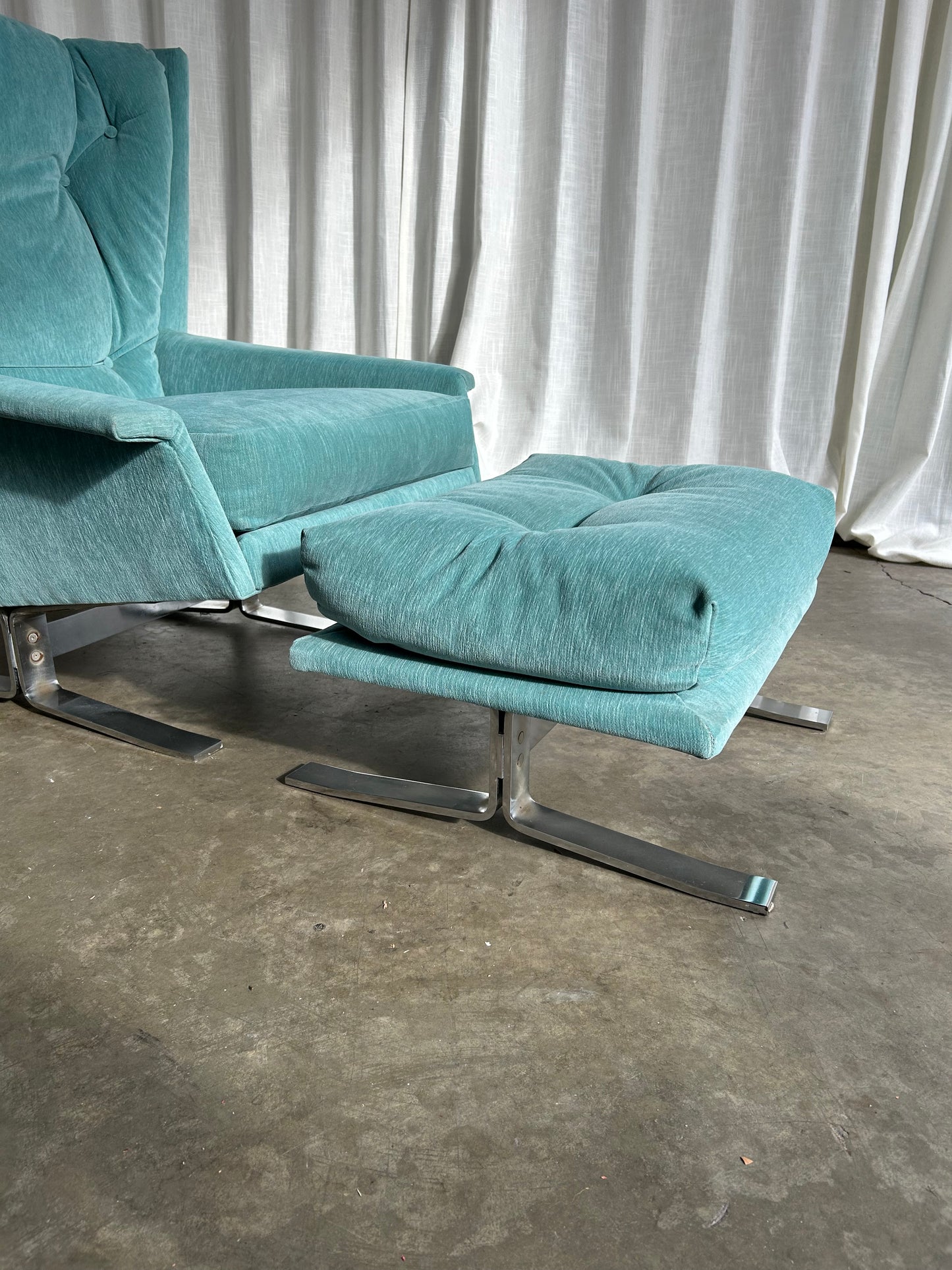 MCM Blue Velvet Wingback Lounge Chair with Ottoman in the Style of Adrian Pearsall, Circa 1960s