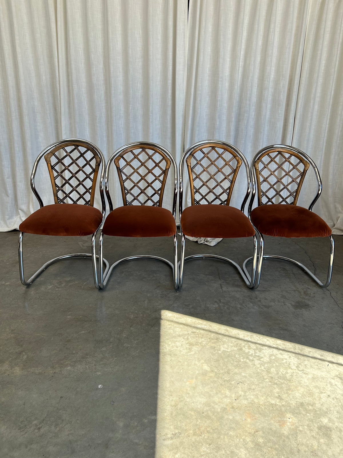 Tubular Chrome Rattan Velvet Cantilever Dining Chairs, Circa 1970s, Set of 4
