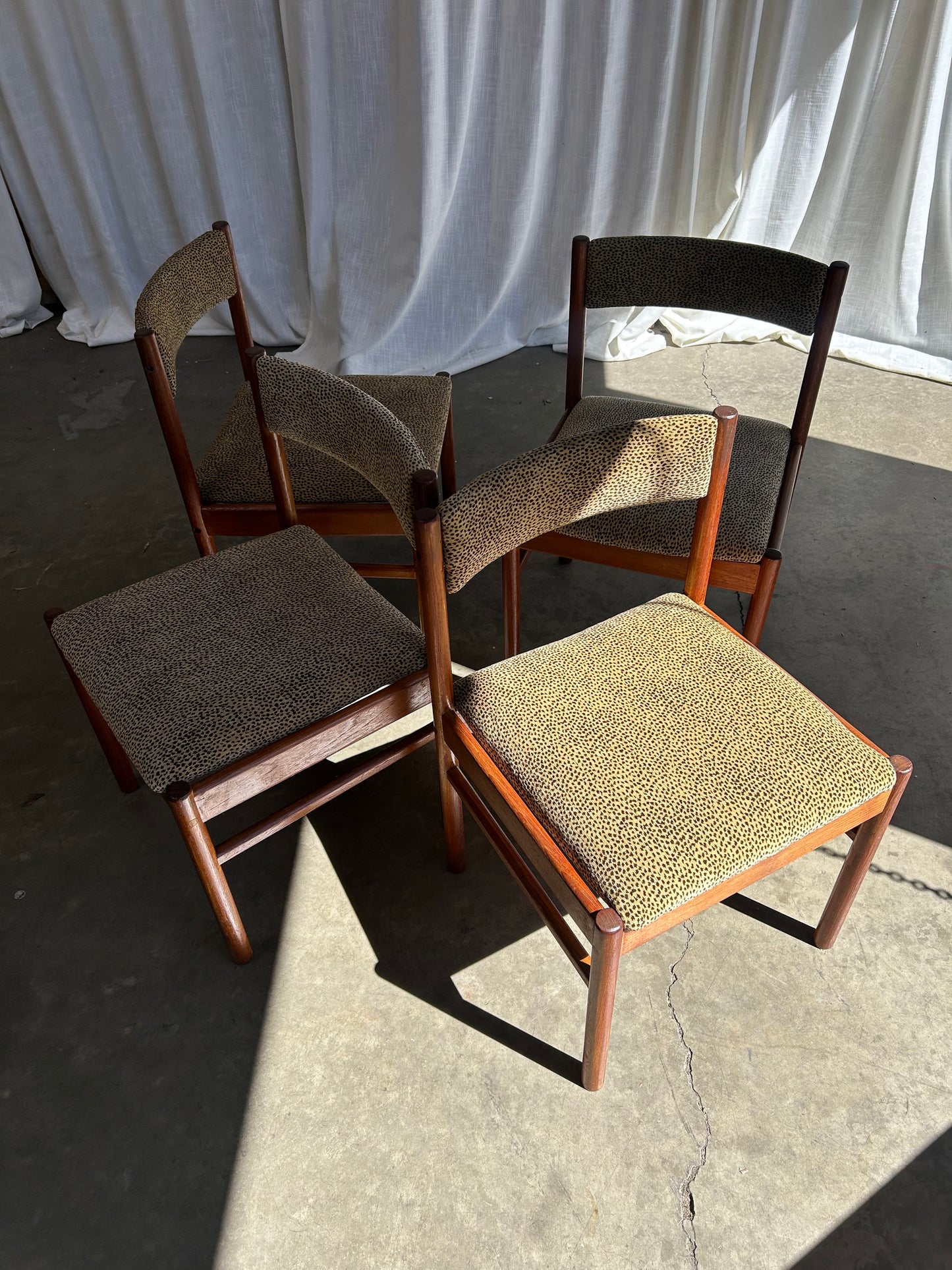 Vintage Danish Style Teak Dining Chairs with New Chenille Upholstery, Set of 4