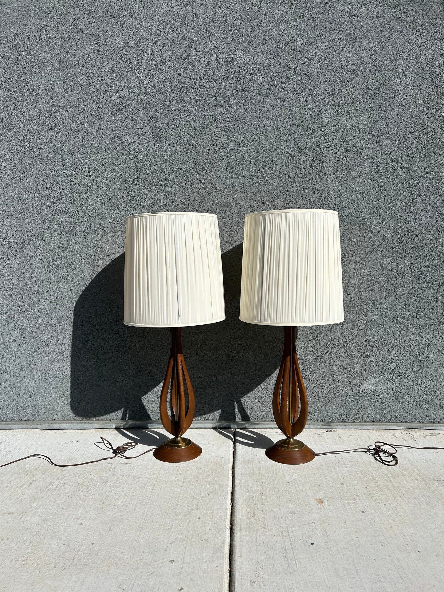 Mid-Century Modern Sculpted Walnut Table Lamps with Brass Accents - 2 Available