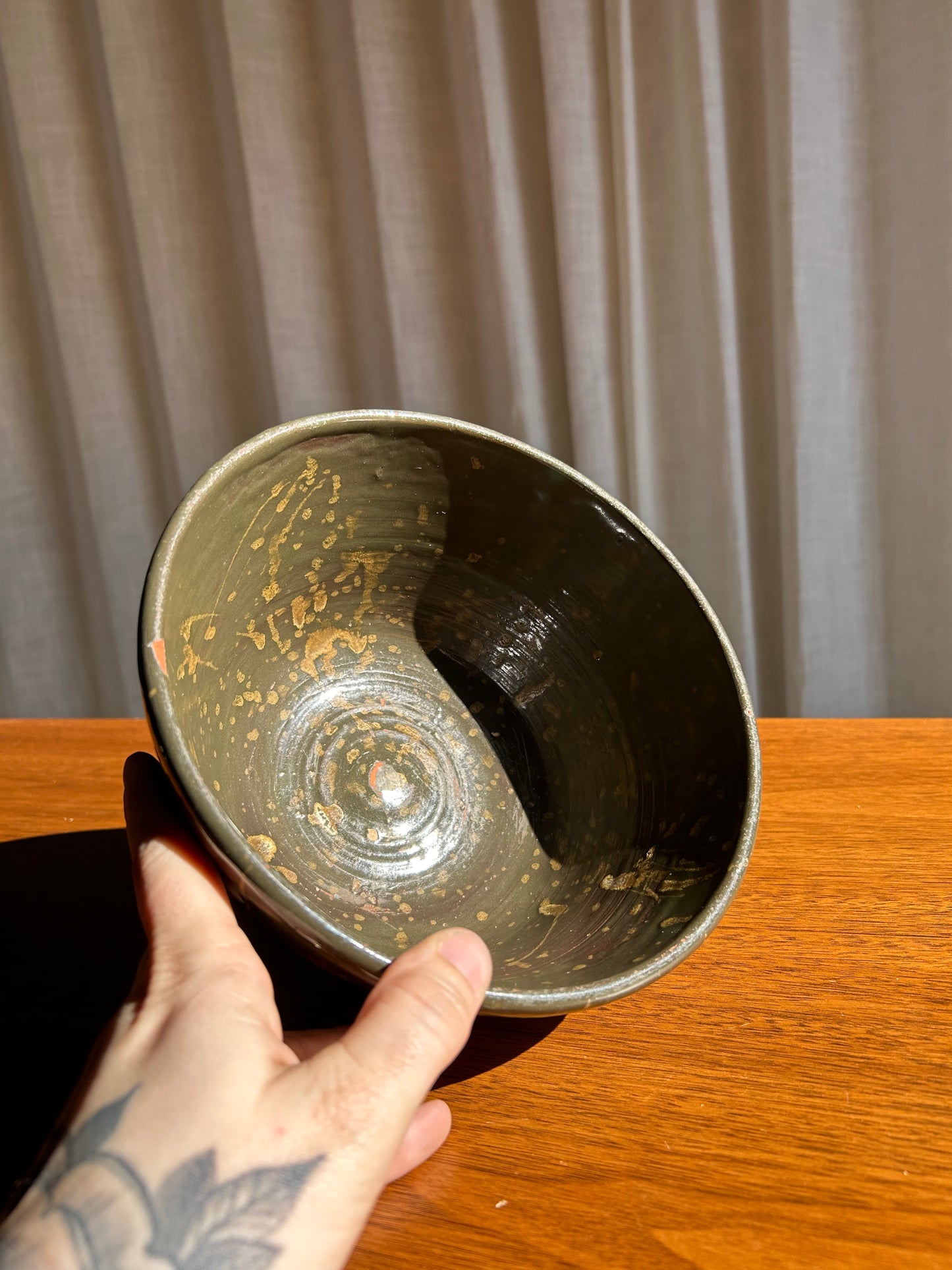 Handmade Green Studio Pottery Splattered Bowl, Signed