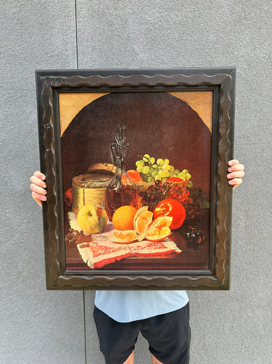 Vintage Mid Century Still Life Original Painting with Brutalist Wood Frame, Circa 1970s