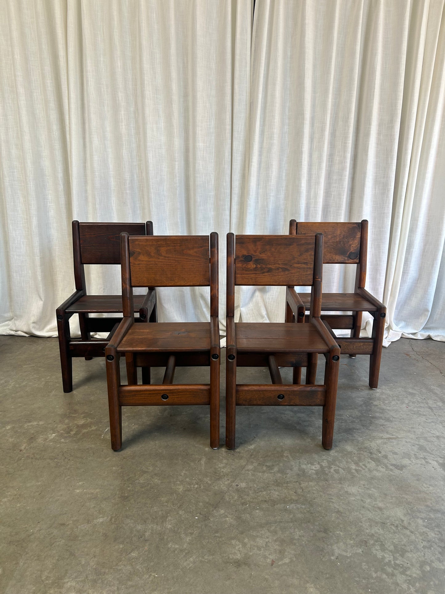 Vintage Oak and Bronze Glass Trestle Table and Chairs Dining Set, Circa 1970s