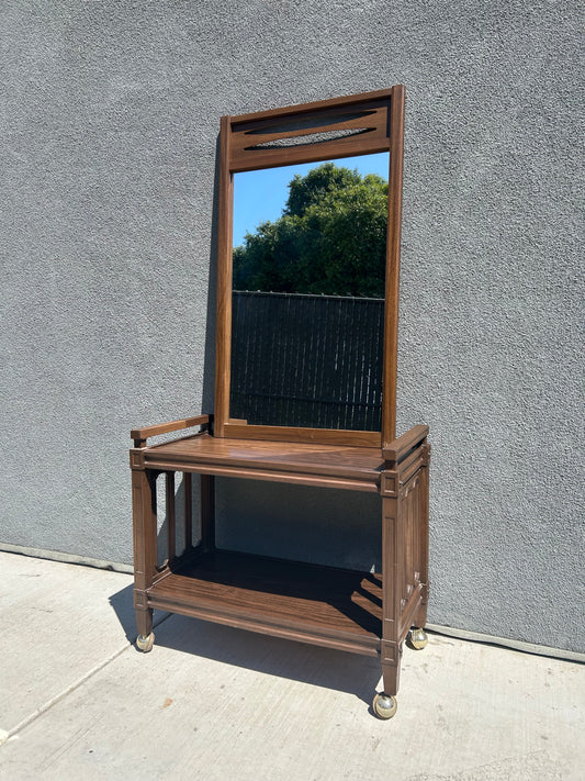 MCM Walnut Vinyl Cart and Mirror Set, Circa 1970s