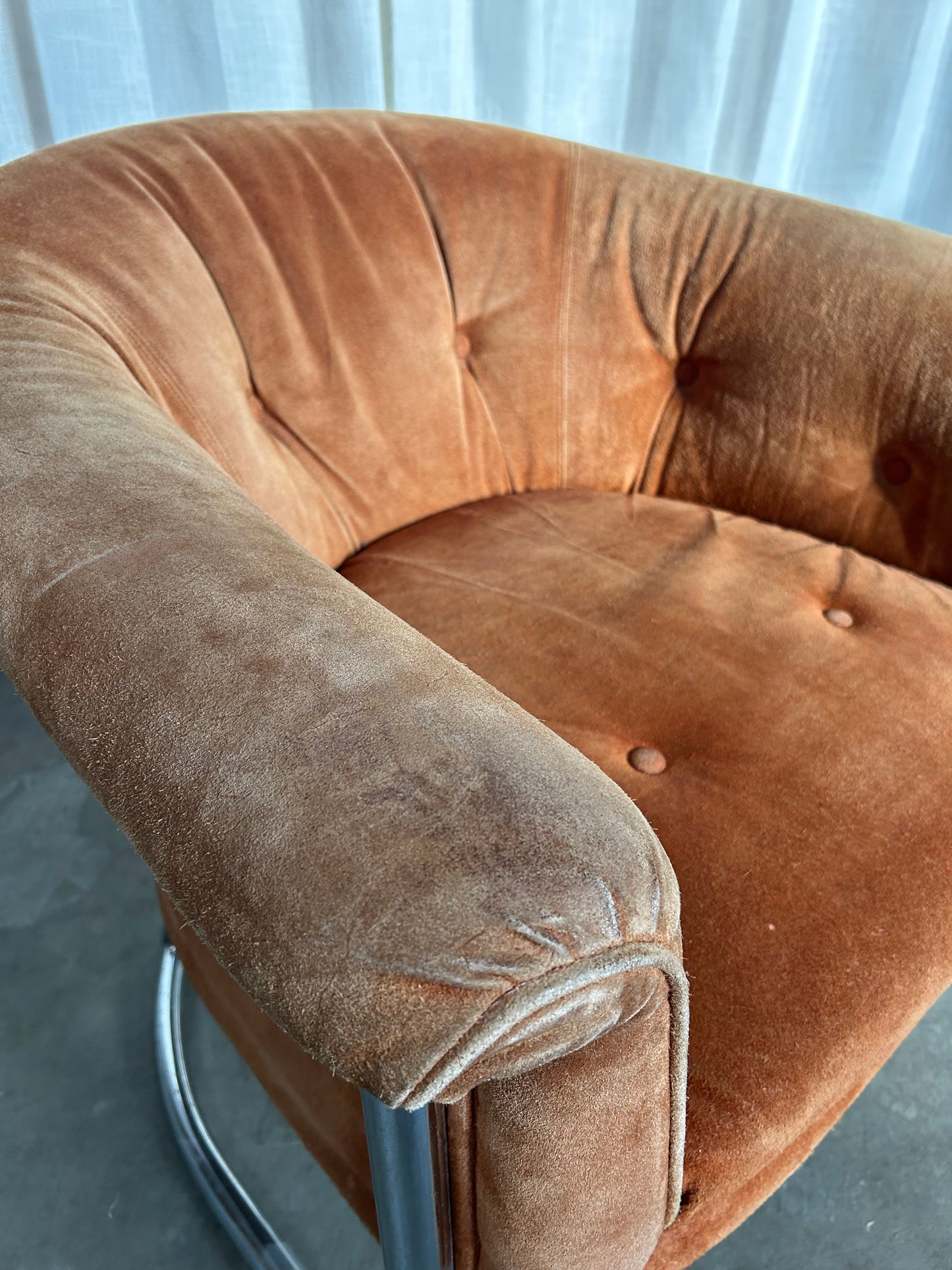 Pair of Suede and Chrome Tufted MCM Club Chairs, Circa 1970s