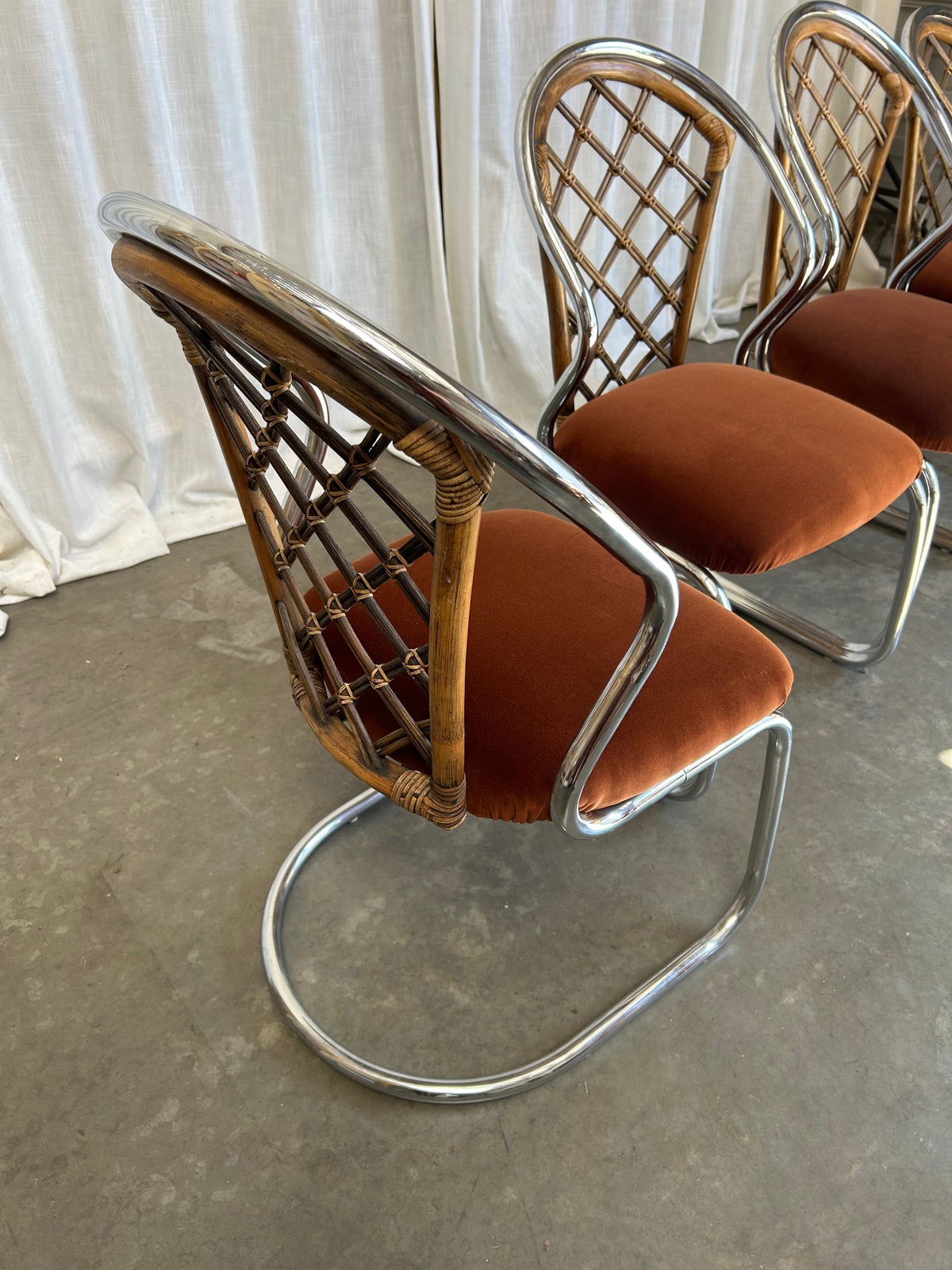 Tubular Chrome Rattan Velvet Cantilever Dining Chairs, Circa 1970s, Set of 4