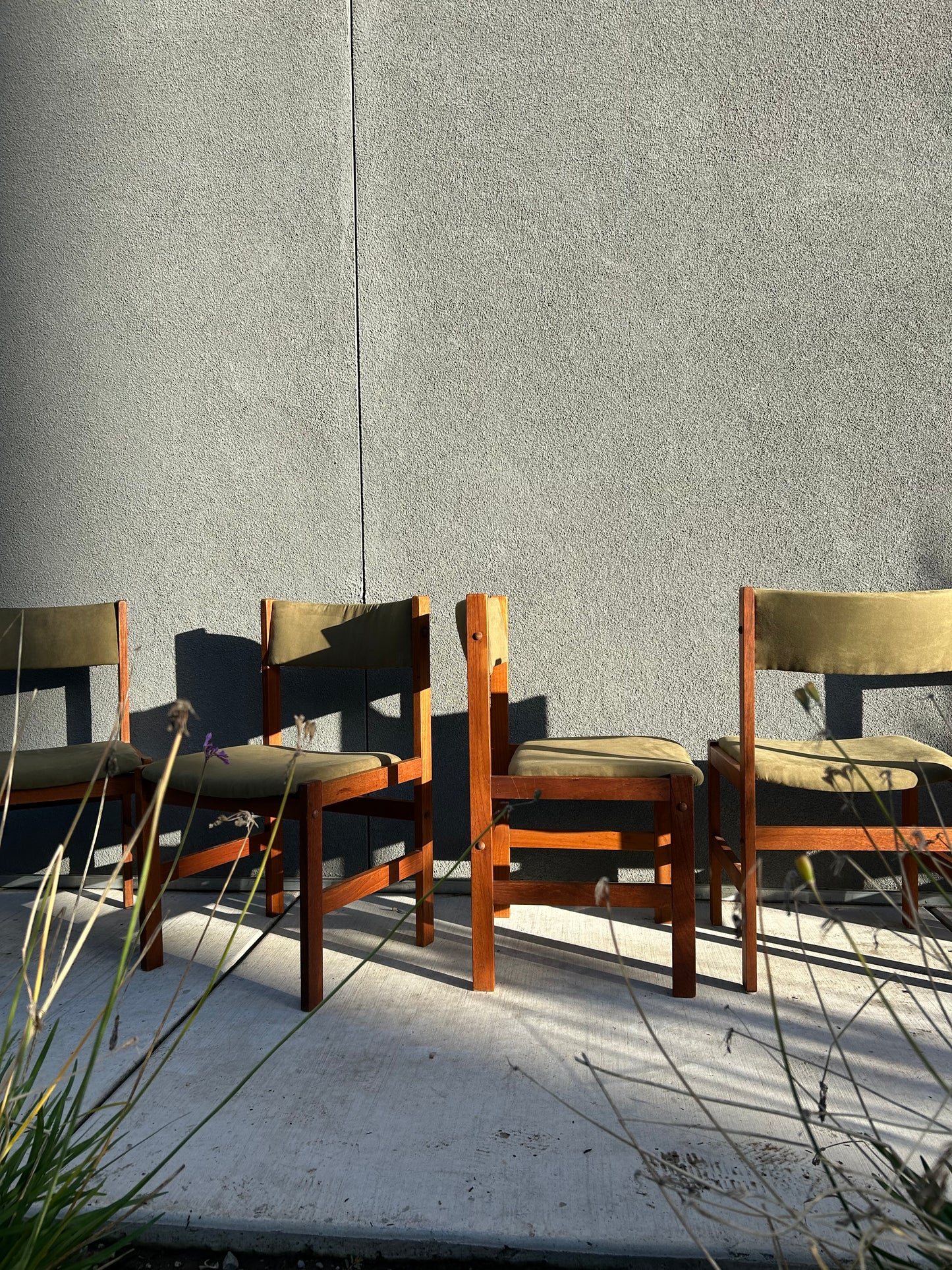 Danish Teak Green Faux Suede Dining Chairs, 7 Available