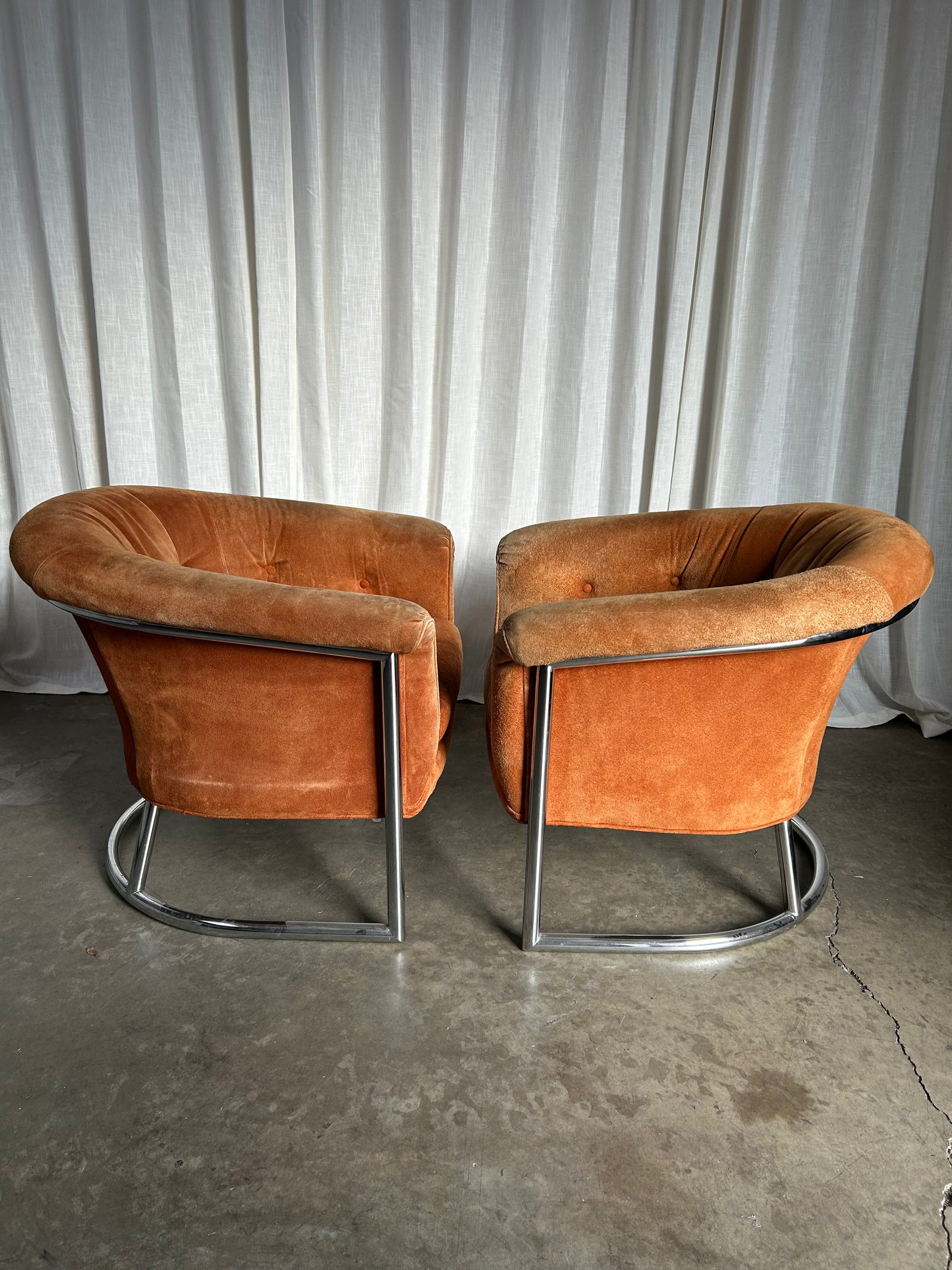 Pair of Suede and Chrome Tufted MCM Club Chairs, Circa 1970s
