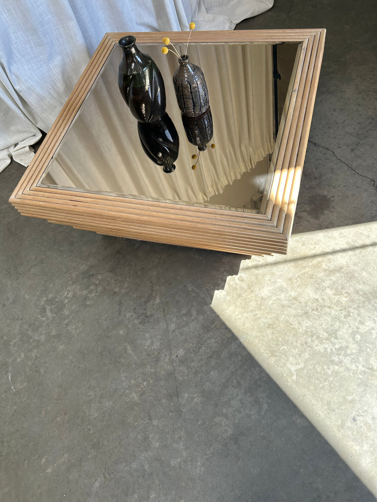 Postmodern Reeded Wood Coffee Table with Mirrored Top, Circa 1980s