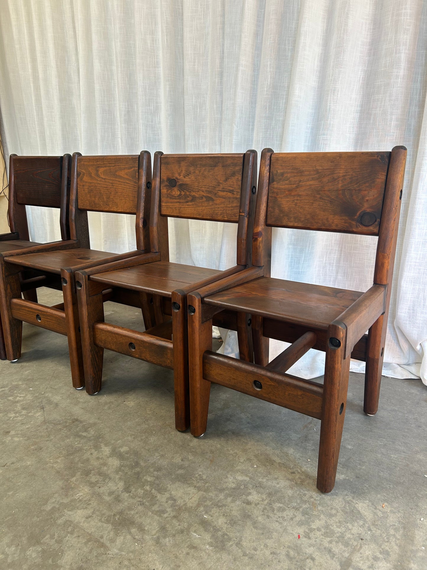 Vintage Oak and Bronze Glass Trestle Table and Chairs Dining Set, Circa 1970s