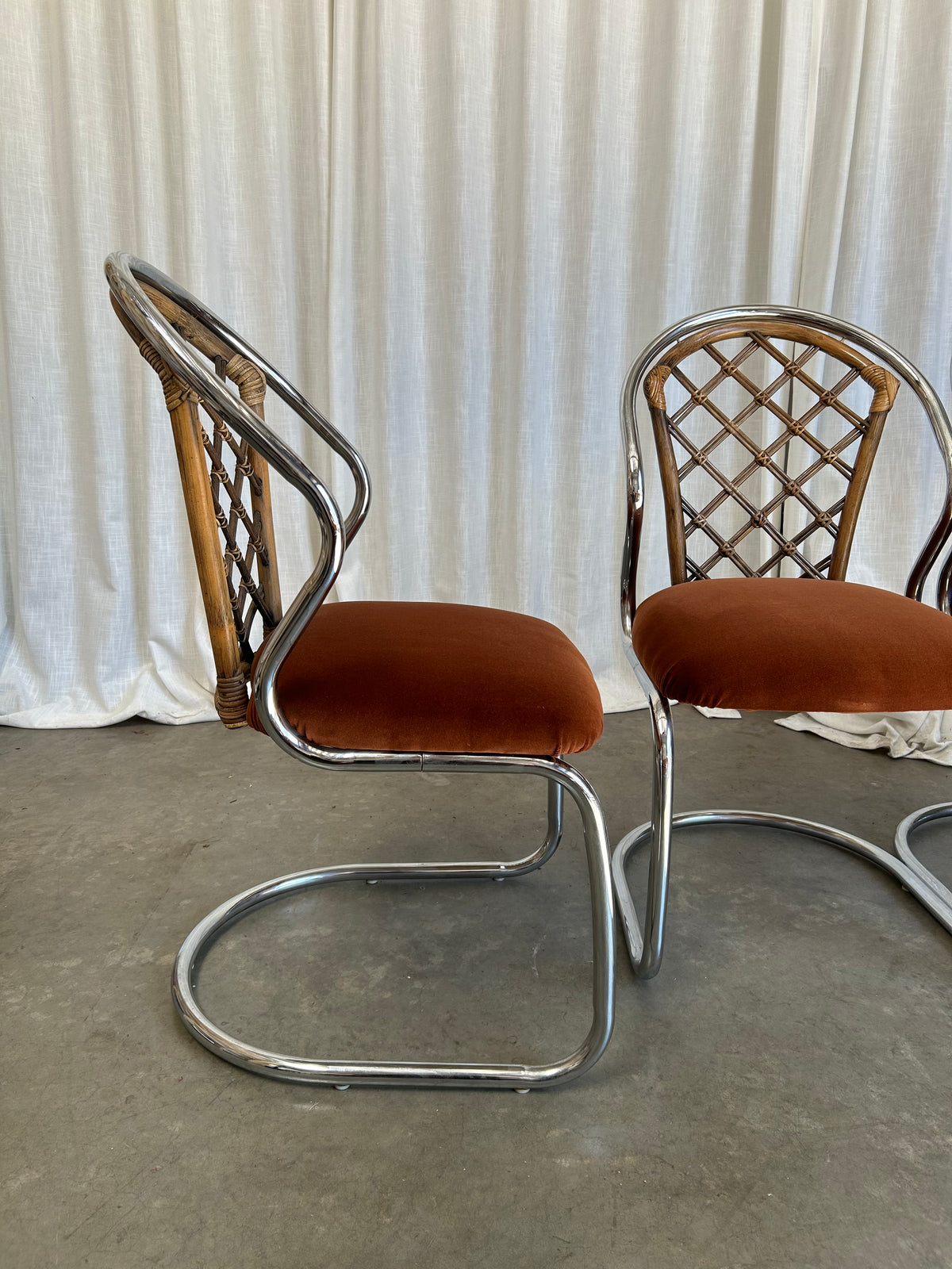 Tubular Chrome Rattan Velvet Cantilever Dining Chairs, Circa 1970s, Set of 4