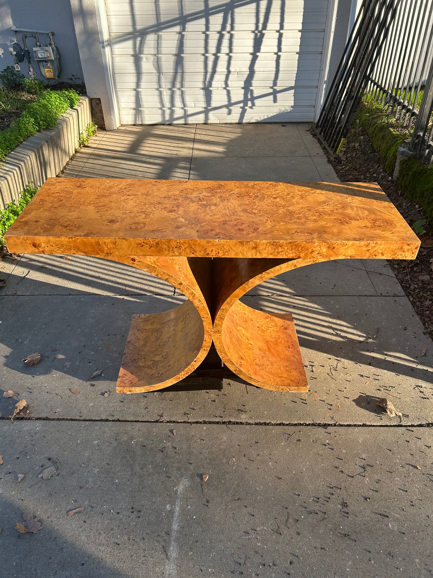 Vintage Art Deco Burl Wood Console Table