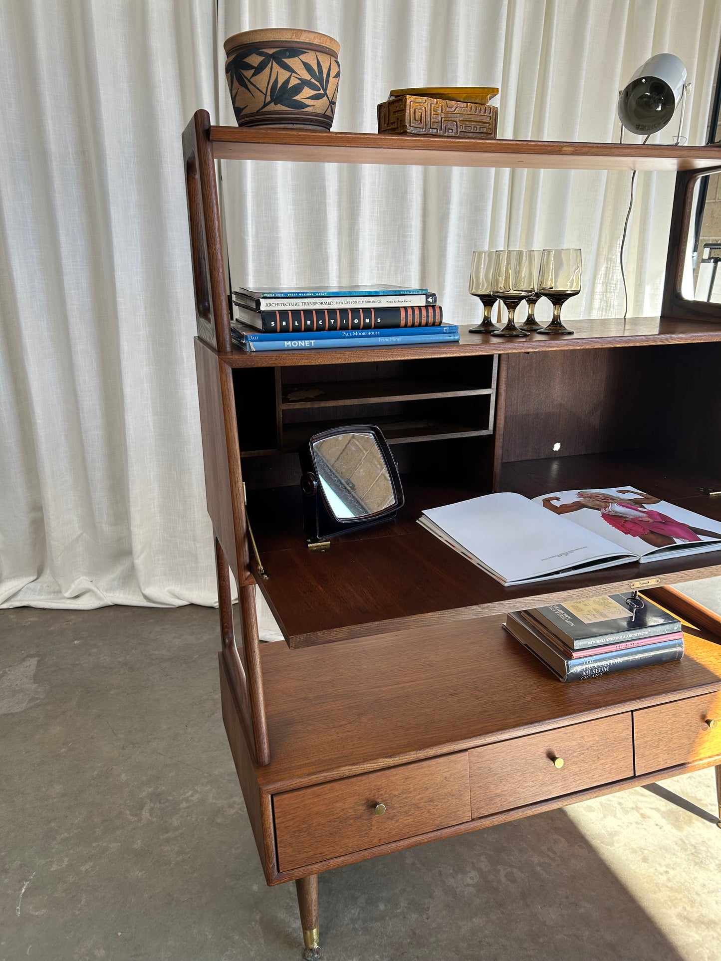 Vintage Midcentury Walnut Secretary Desk Bookcase by Saginaw Furniture, Circa 1960s