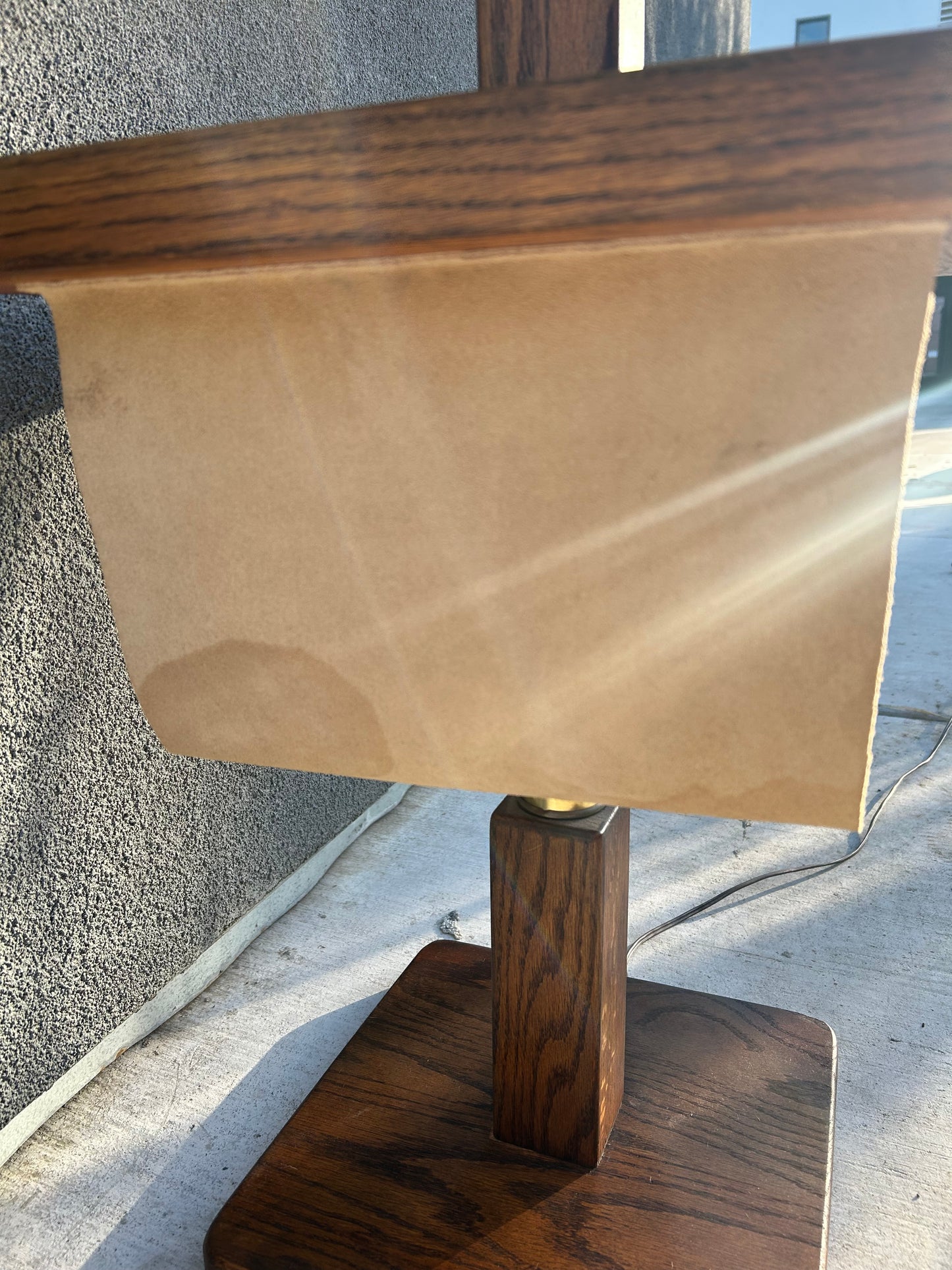 Vintage MCM Brass and Oak Floor Lamp with Built-in Leather Magazine Holder, Circa 1970s