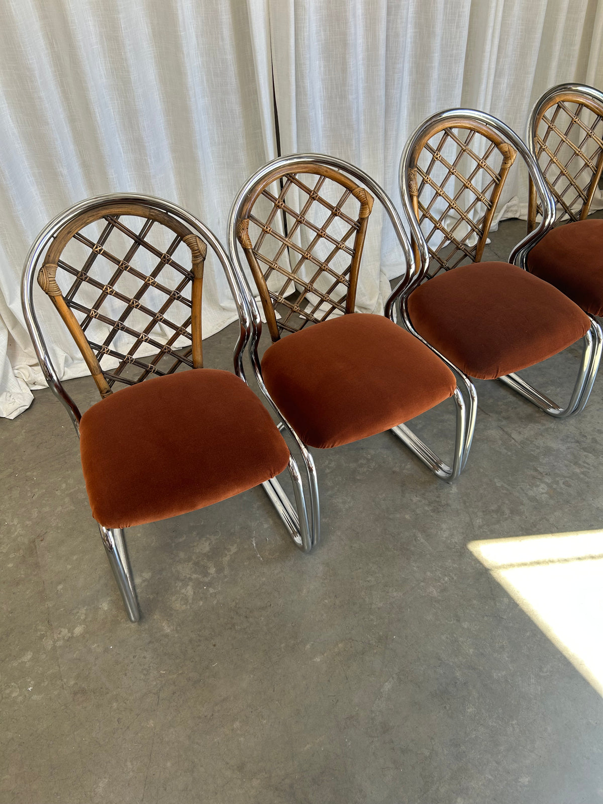 Tubular Chrome Rattan Velvet Cantilever Dining Chairs, Circa 1970s, Set of 4