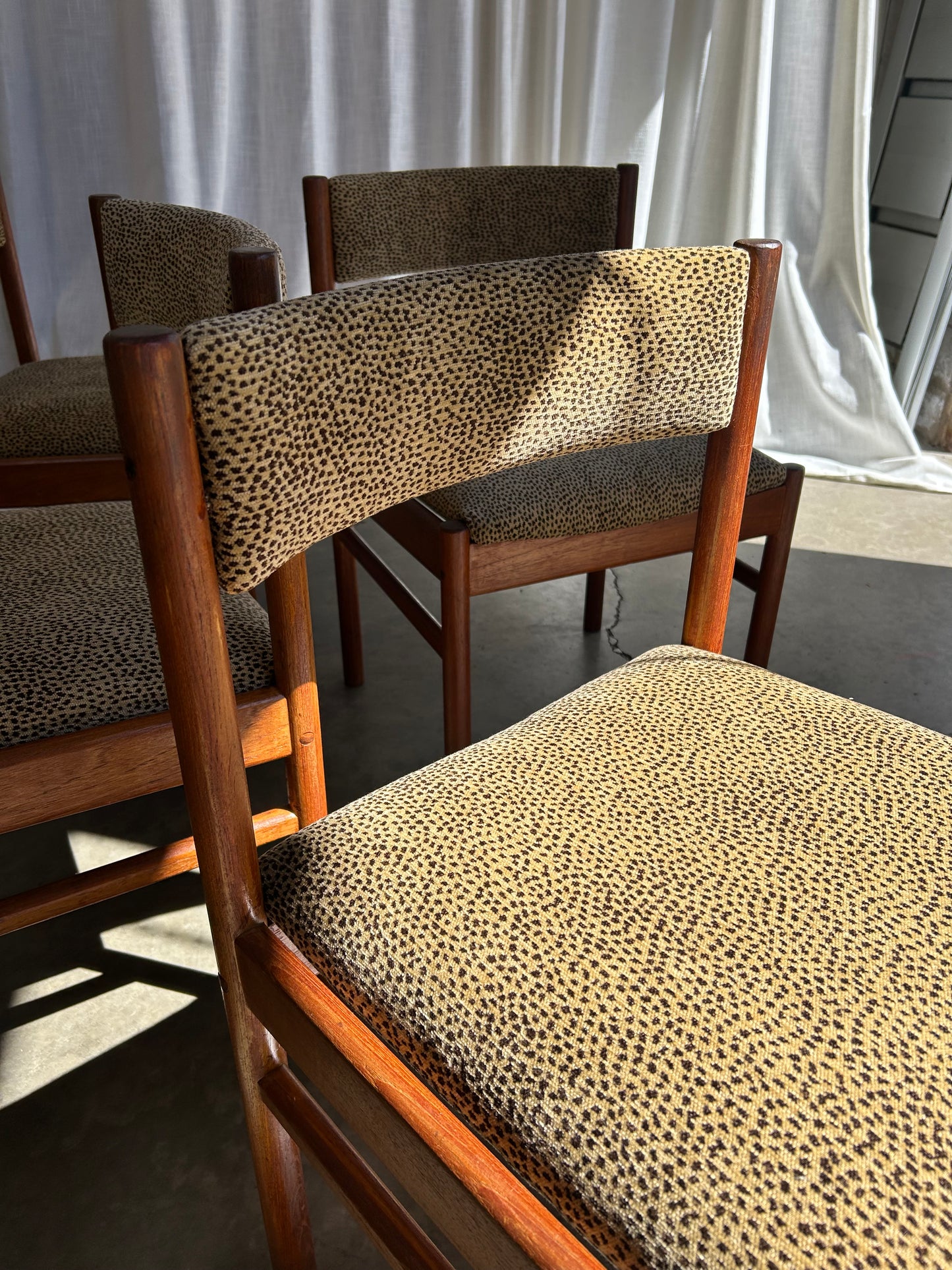 Vintage Danish Style Teak Dining Chairs with New Chenille Upholstery, Set of 4