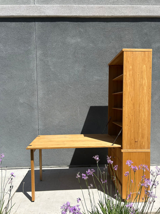 Vintage Postmodern 4-Drawer Blonde Pecan Dresser w/  Modular Hutch Craft Table, Circa 1980s
