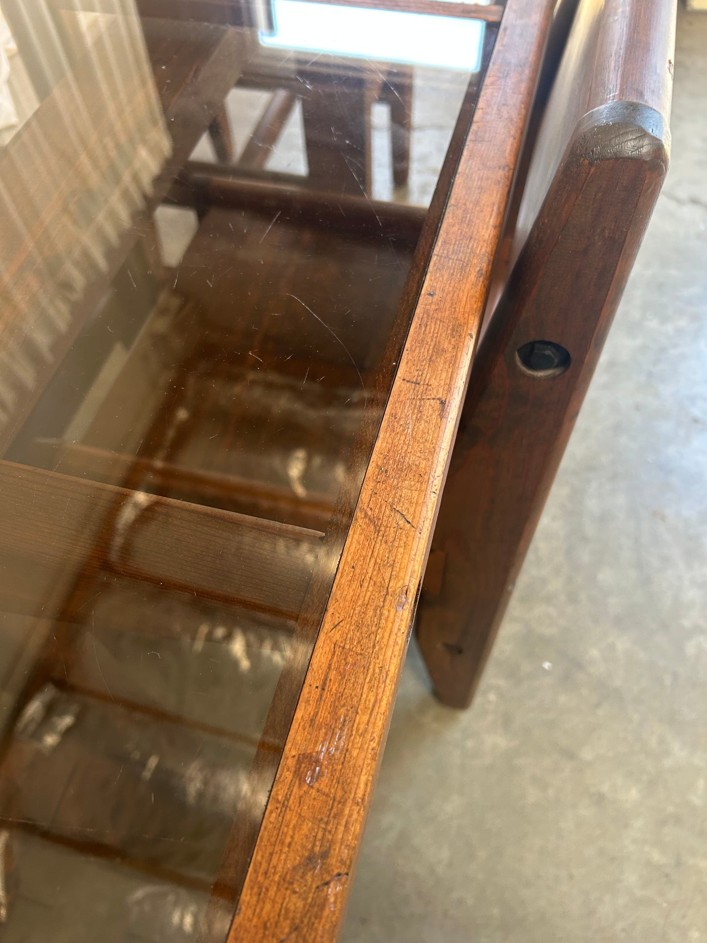 Vintage Oak and Bronze Glass Trestle Table and Chairs Dining Set, Circa 1970s