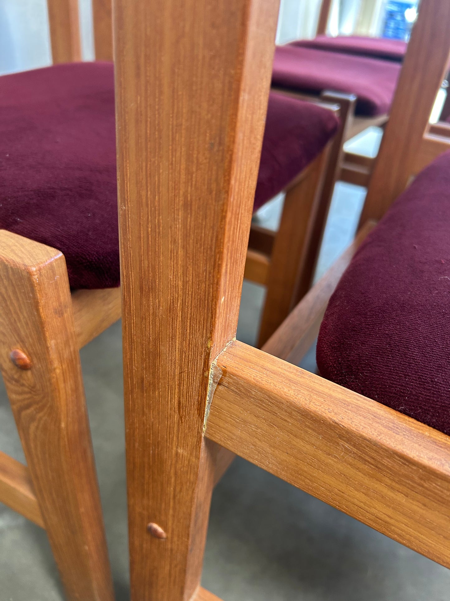 Set of 6 Oxblood Velvet Danish Style Teak Dining Chairs, By Sun Furniture