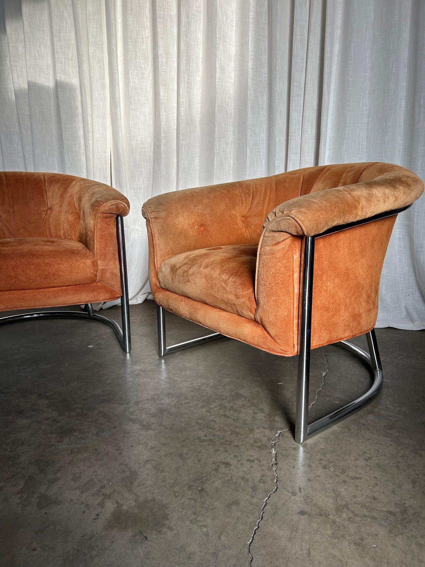 Pair of Suede and Chrome Tufted MCM Club Chairs, Circa 1970s