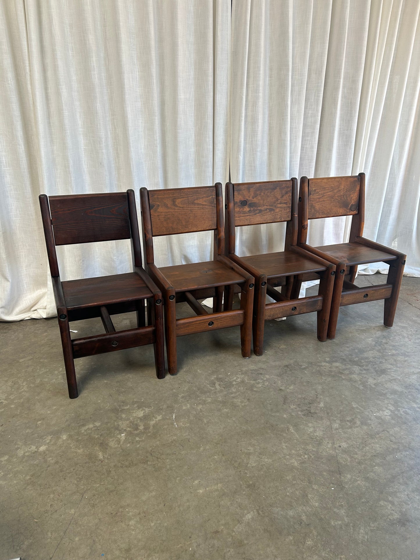 Vintage Oak and Bronze Glass Trestle Table and Chairs Dining Set, Circa 1970s
