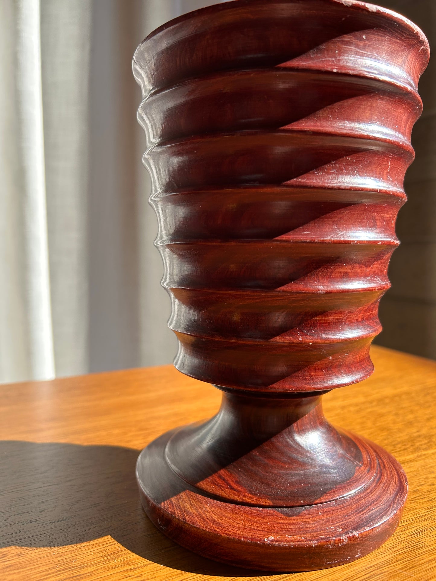 Vintage Turned Wood Redwood Ribbed Vase