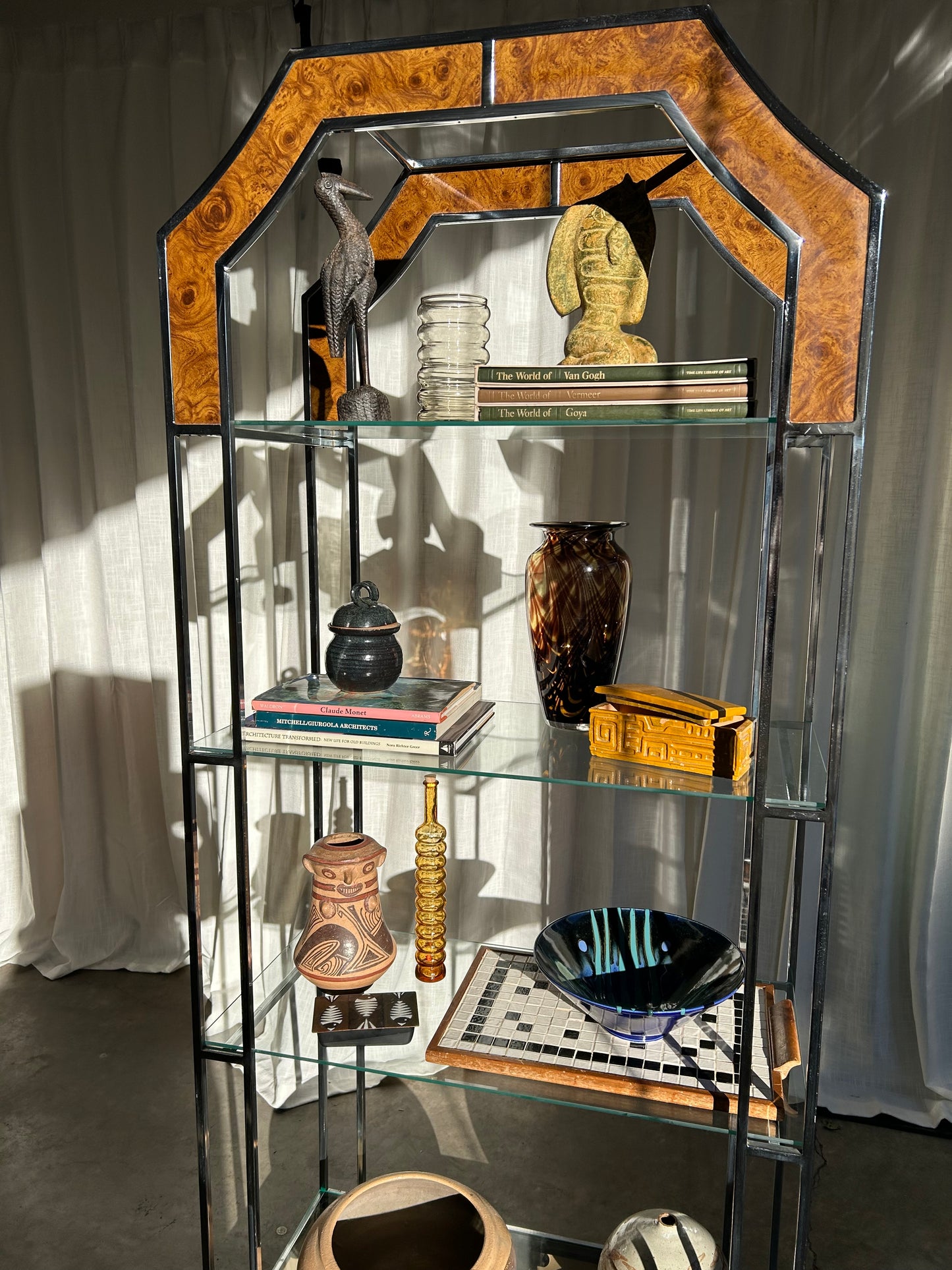 Modernist Era Baughman Style Chrome and Burl 4-Shelf Etagere, Circa 1970s