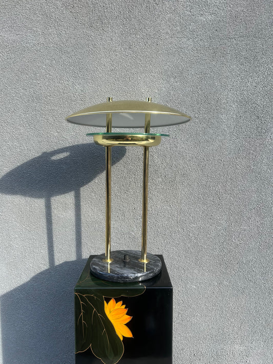 Vintage Post Modern UFO Gold Chrome Marble Base Table Lamp