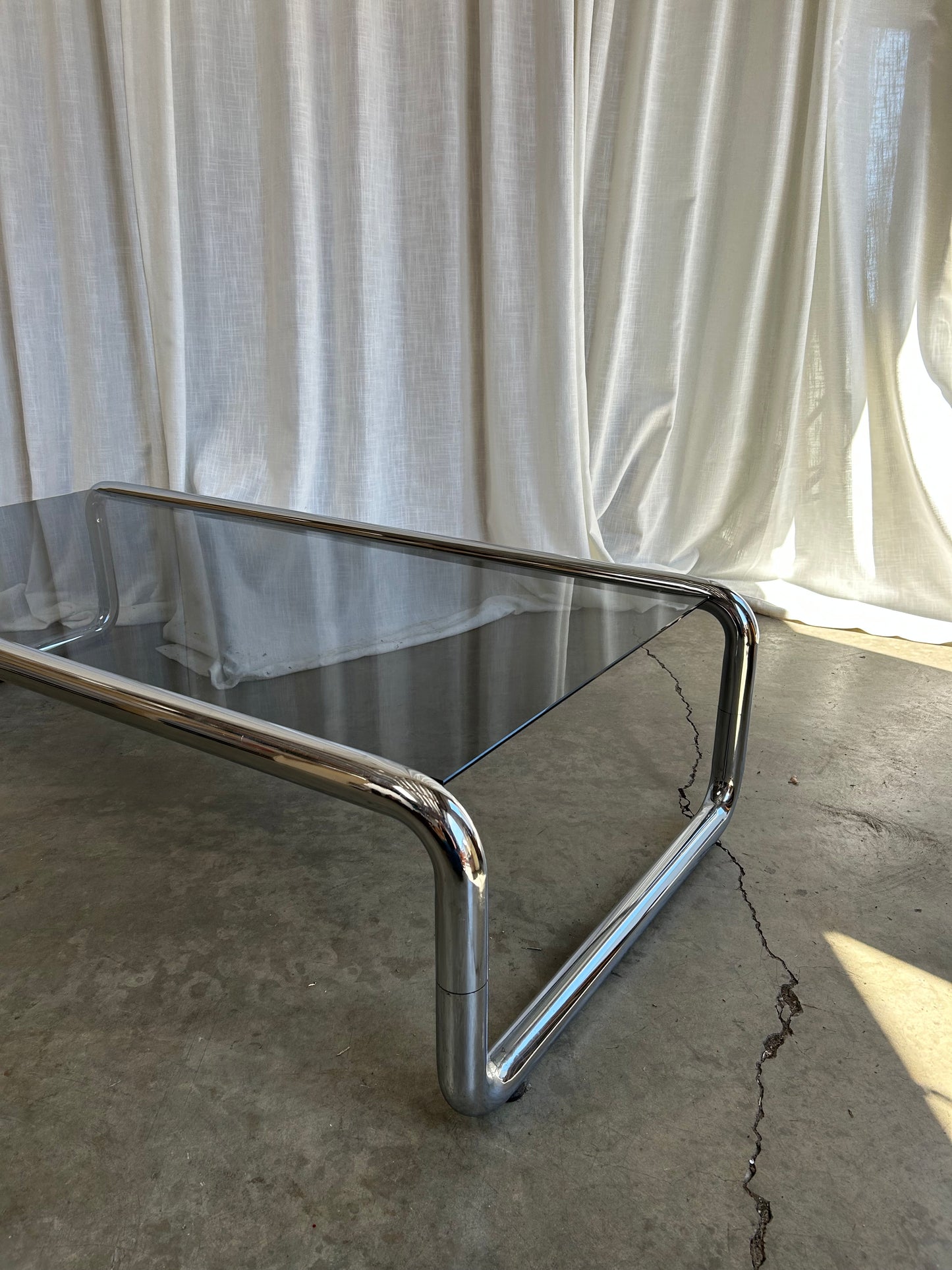 Chrome and Smoked Glass Vintage Coffee Table in the Style of Marcel Breuer, Circa 1970s