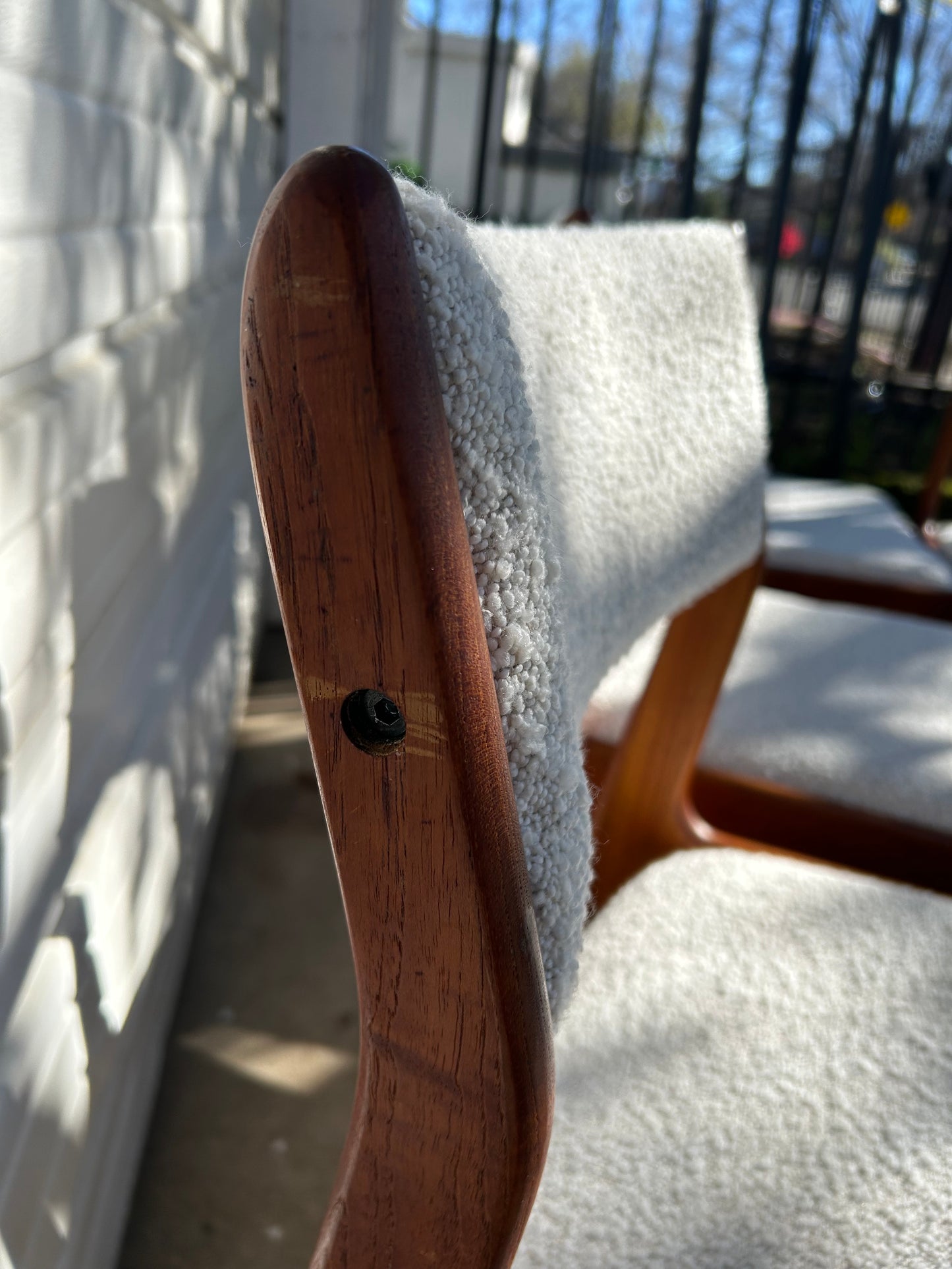 Set of 4 Mid Century Danish Teak Dining Chairs by D-SCAN, Reupholstered Boucle